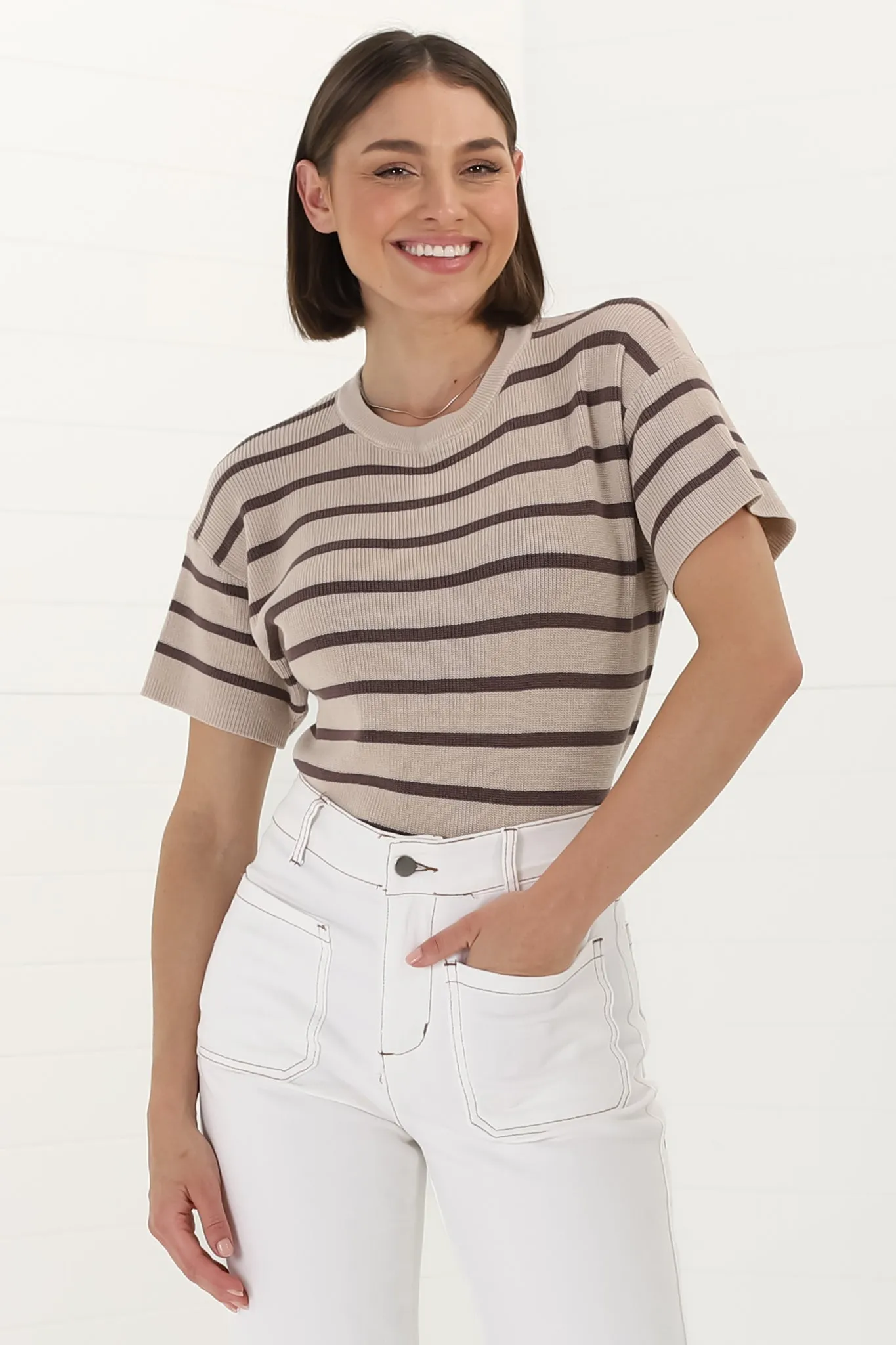 Alden Knit Top: Relaxed Striped Crew Neck Top in Mocha sold by Salty Crush product image thumbnail 3