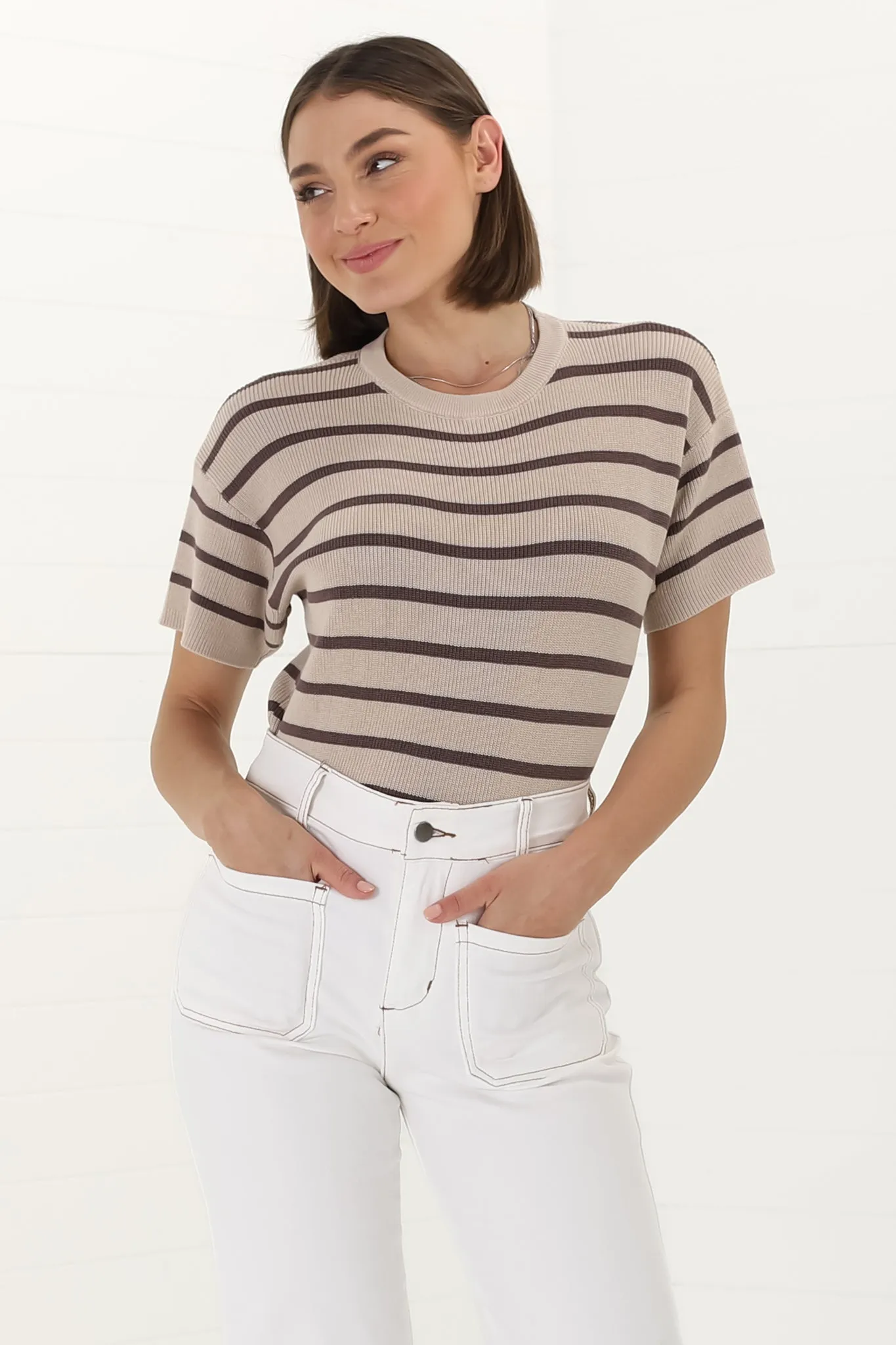 Alden Knit Top: Relaxed Striped Crew Neck Top in Mocha sold by Salty Crush product image thumbnail 5