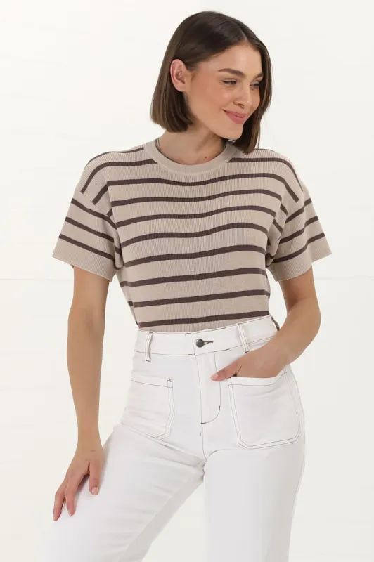 Alden Knit Top: Relaxed Striped Crew Neck Top in Mocha sold by Salty Crush