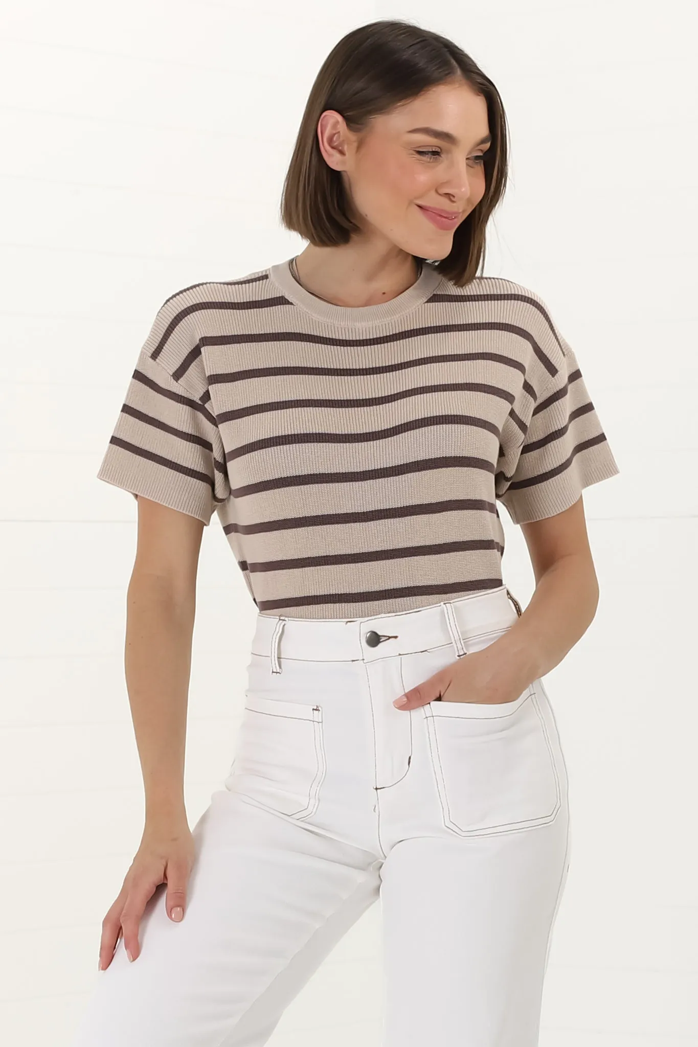 Alden Knit Top: Relaxed Striped Crew Neck Top in Mocha sold by Salty Crush