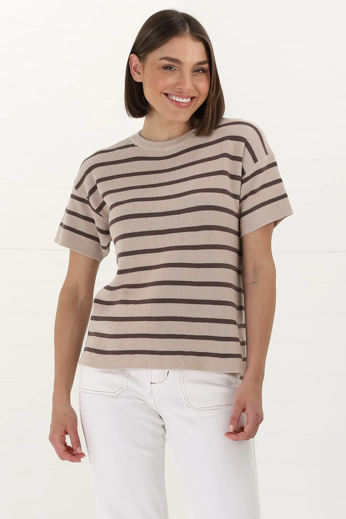 Alden Knit Top: Relaxed Striped Crew Neck Top in Mocha sold by Salty Crush product image thumbnail 4