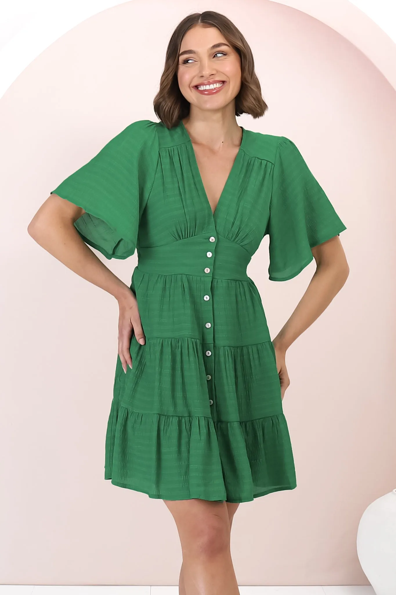 Aalia Mini Dress - Short Cape Sleeve Button Down V-Neck Dress in Green sold by Salty Crush product image thumbnail 3