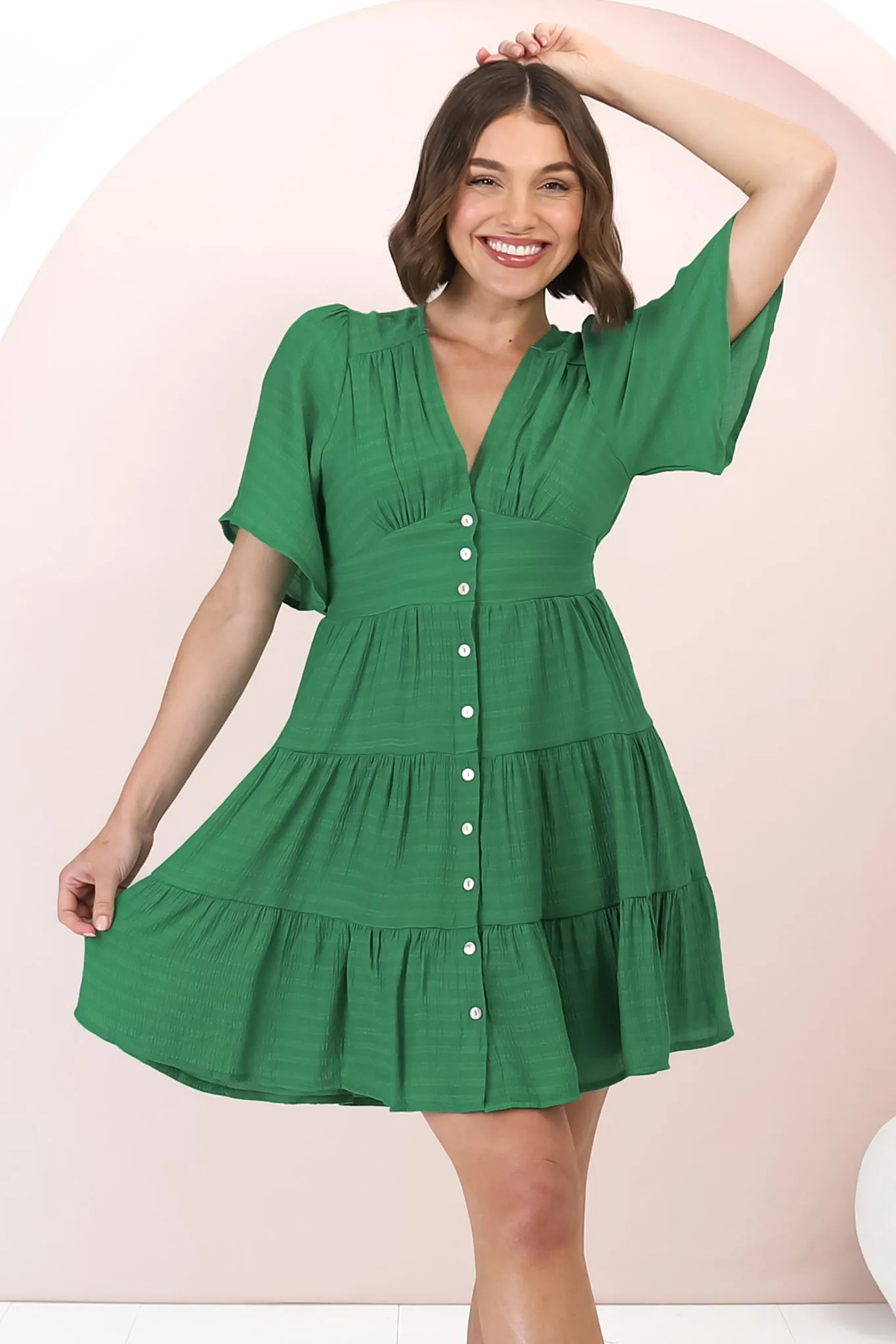 Aalia Mini Dress - Short Cape Sleeve Button Down V-Neck Dress in Green sold by Salty Crush product image thumbnail 4