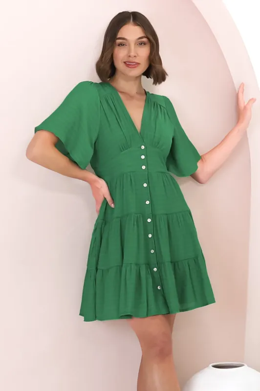 Aalia Mini Dress - Short Cape Sleeve Button Down V-Neck Dress in Green sold by Salty Crush