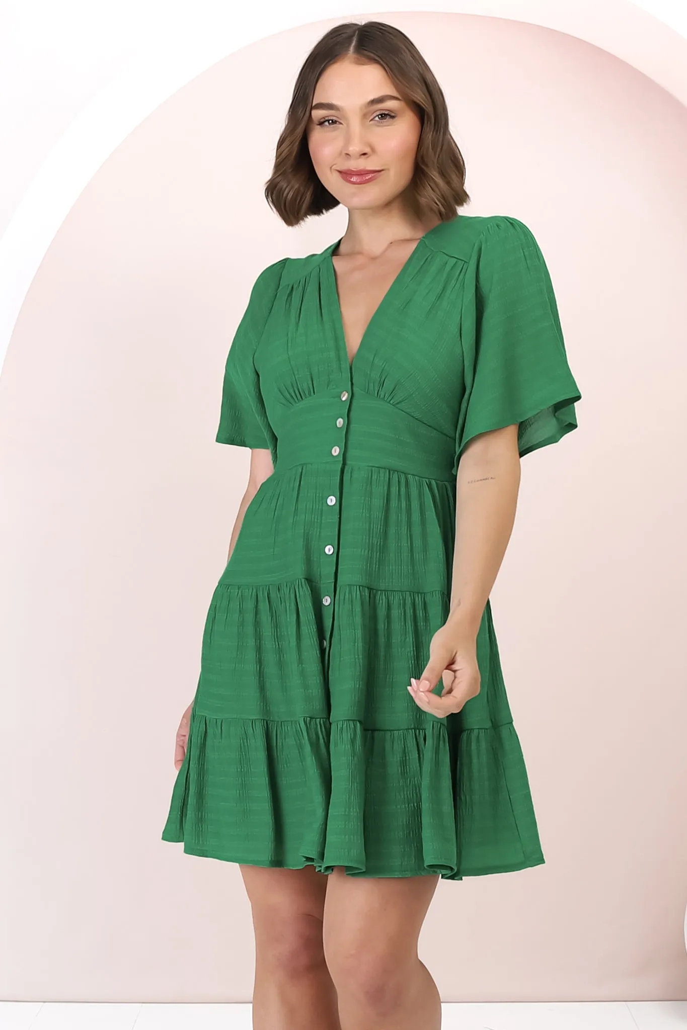 Aalia Mini Dress - Short Cape Sleeve Button Down V-Neck Dress in Green sold by Salty Crush product image thumbnail 5