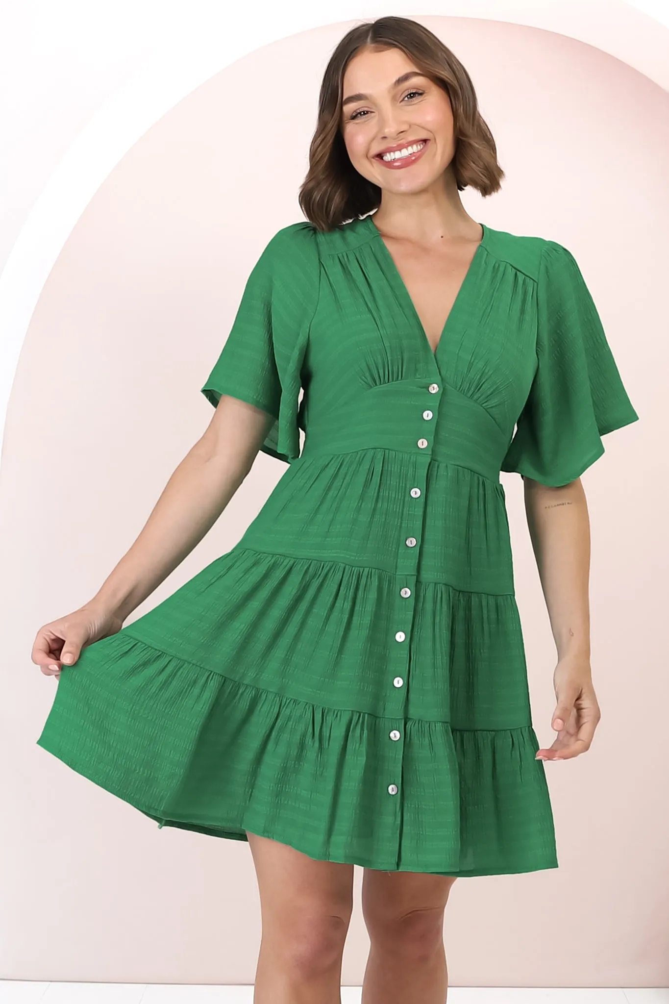 Aalia Mini Dress - Short Cape Sleeve Button Down V-Neck Dress in Green sold by Salty Crush product image thumbnail 2