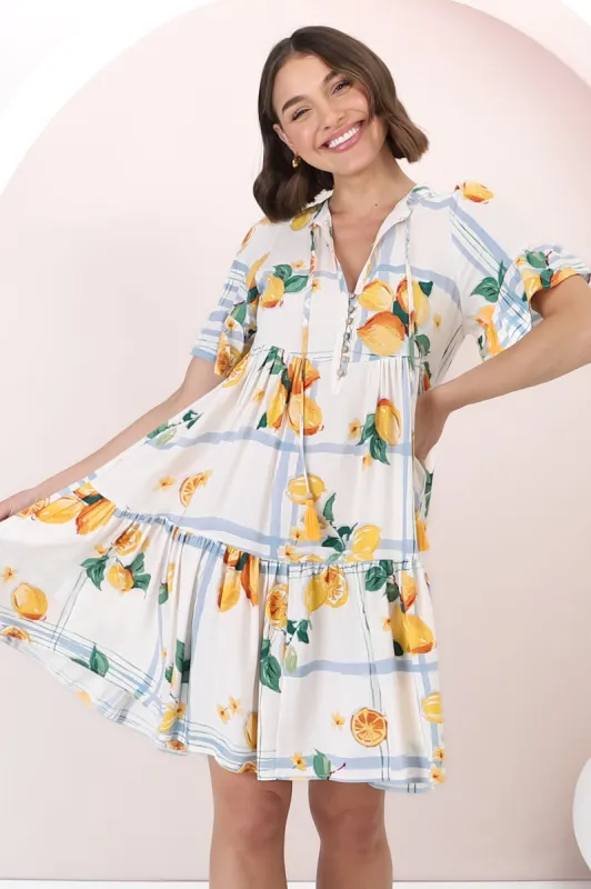 Enslee Mini Dress - Pull Over Dress With Buttoned Bodice in San Vitto Print sold by Salty Crush