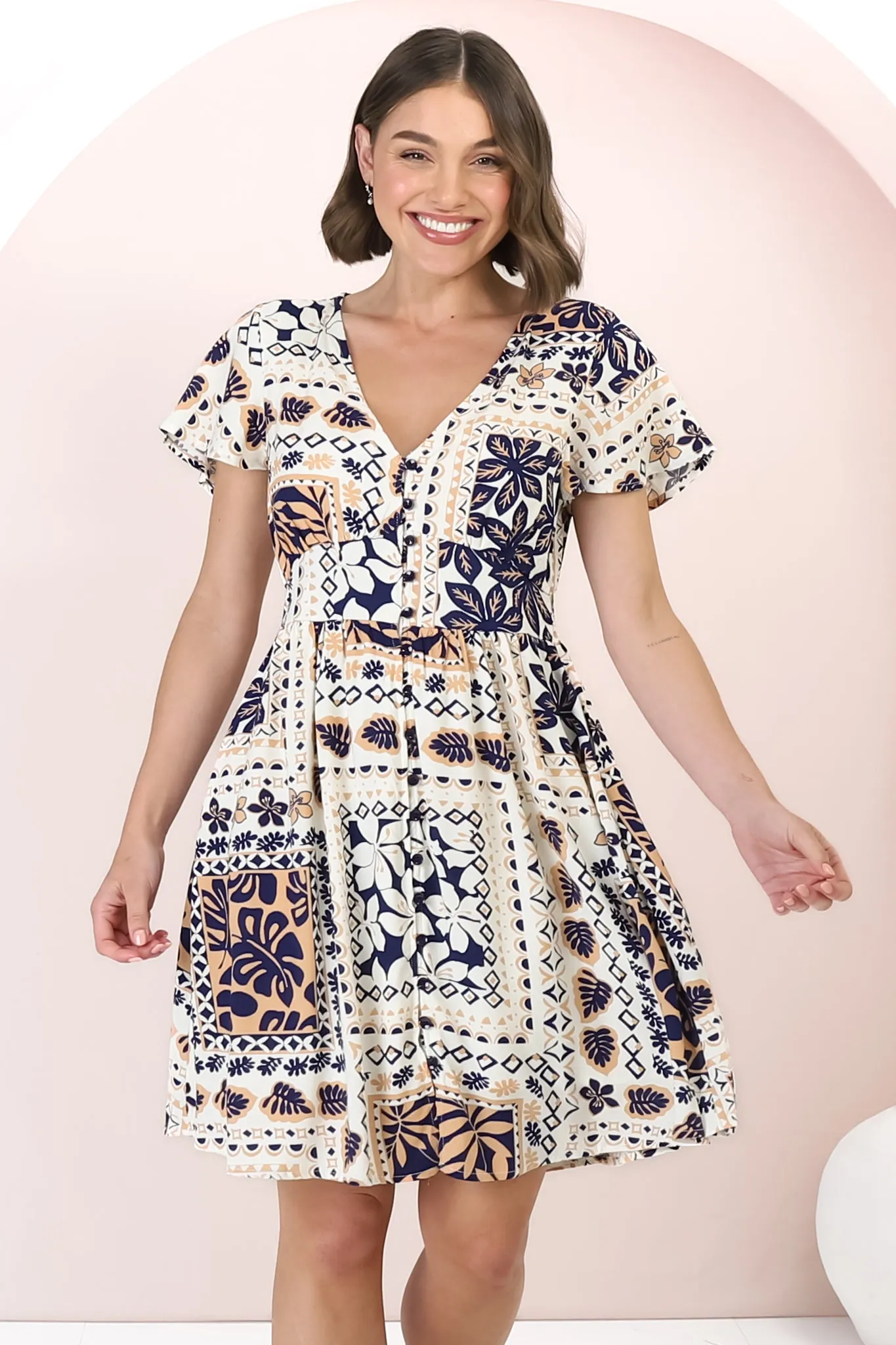 Aurelia Mini Dress - Button-Down Flutter Sleeve Dress in Alphy Print sold by Salty Crush product image thumbnail 3