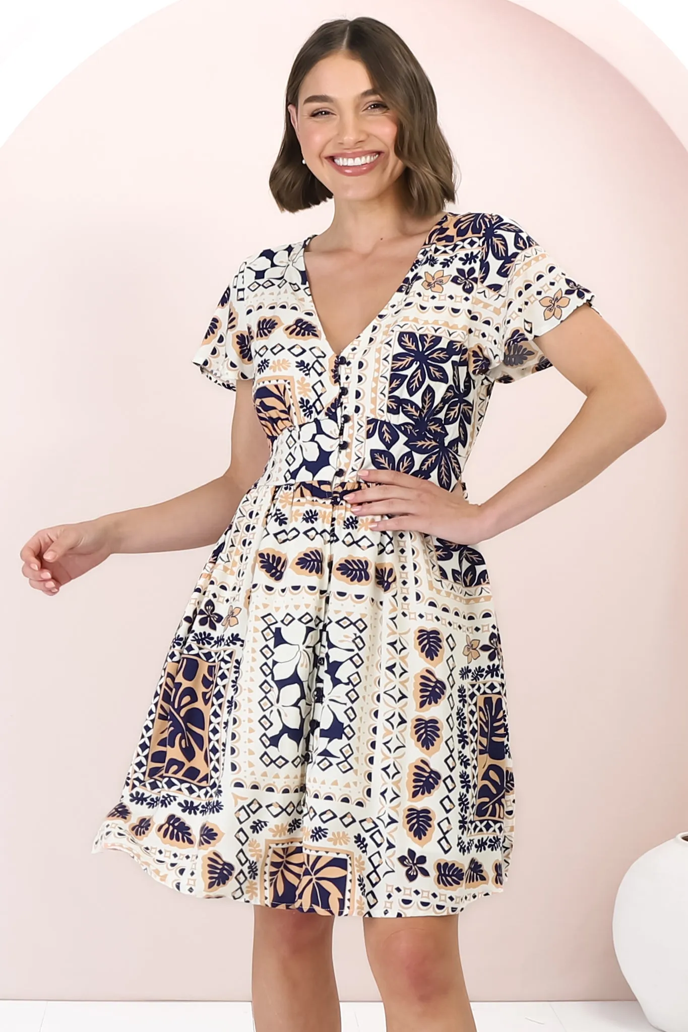 Aurelia Mini Dress - Button-Down Flutter Sleeve Dress in Alphy Print sold by Salty Crush product image thumbnail 5