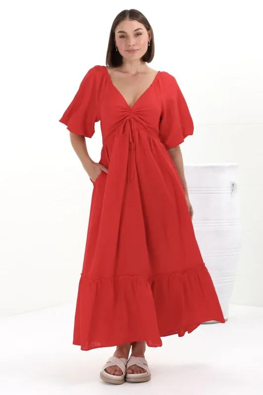 Aadrika Maxi Dress - On Or Off Shoulder Shirred Back in Red sold by Salty Crush