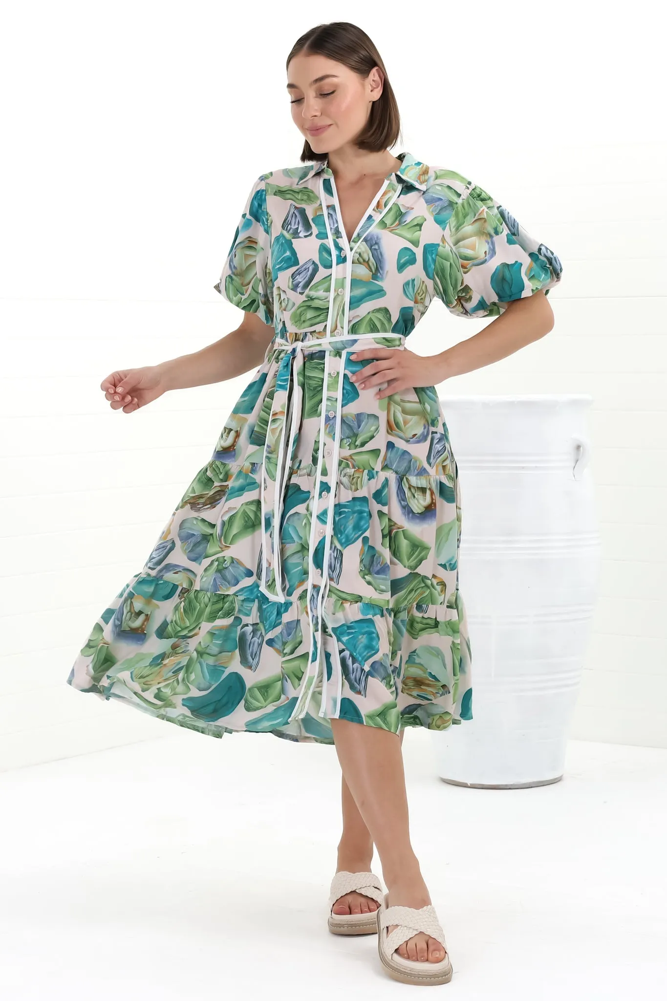 Olisa Midi Dress - Button-Down Contrast Piping Smock Dress with Matching Belt in Adelita Print Green sold by Salty Crush product image thumbnail 3
