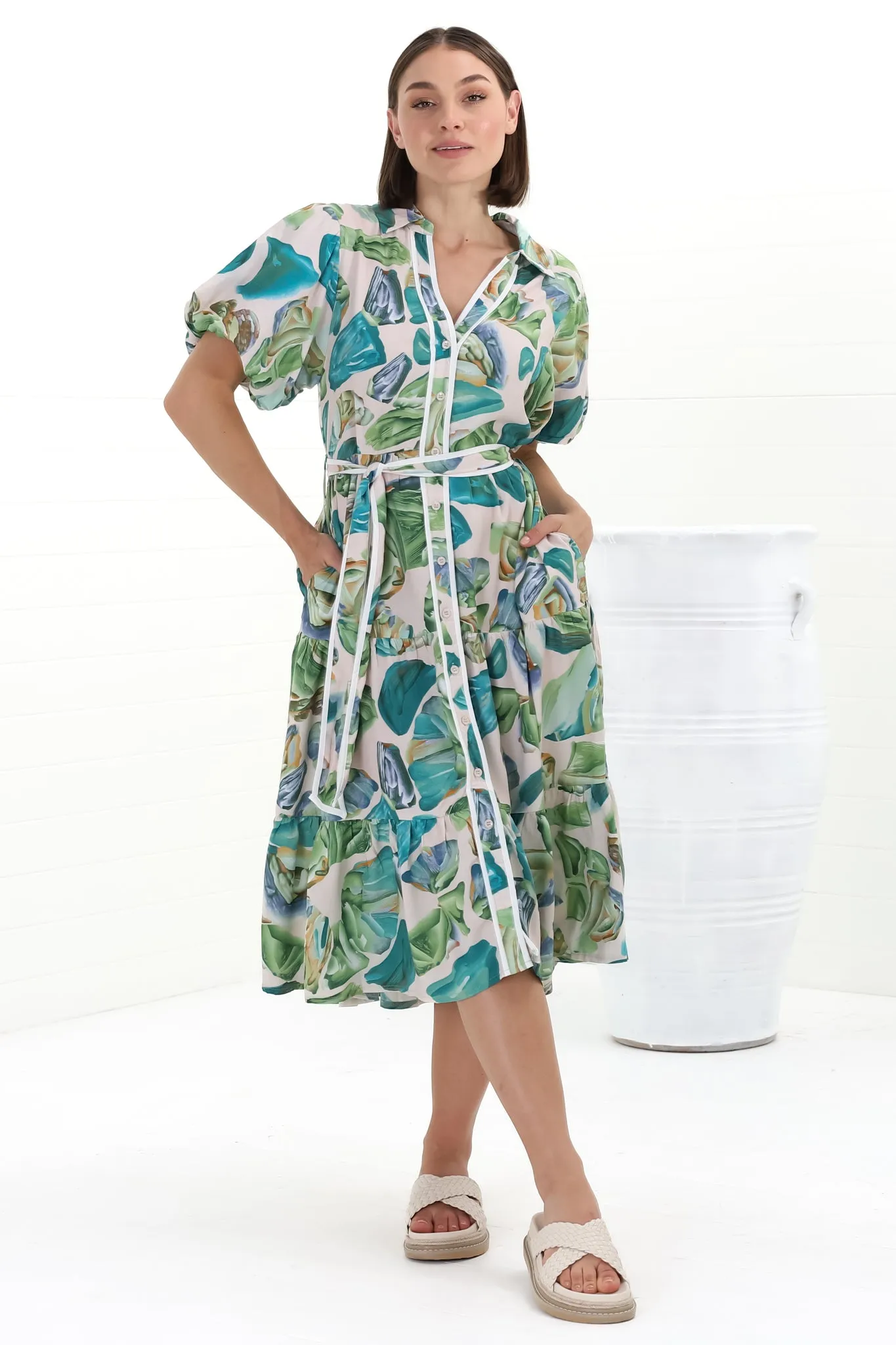 Olisa Midi Dress - Button-Down Contrast Piping Smock Dress with Matching Belt in Adelita Print Green sold by Salty Crush product image thumbnail 2