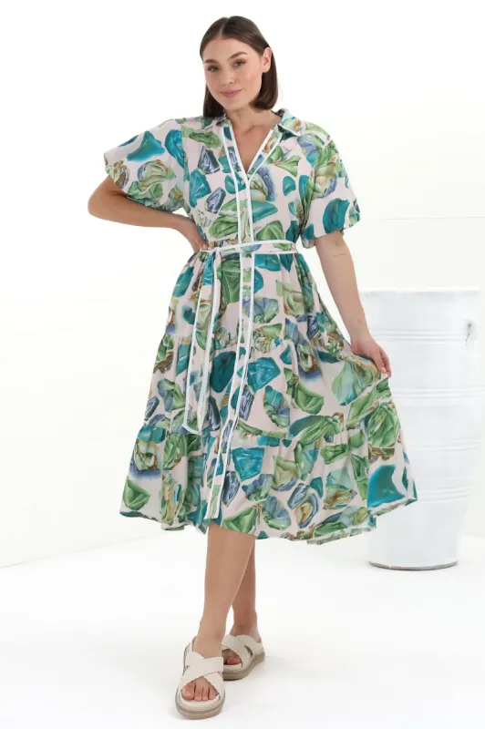 Olisa Midi Dress - Button-Down Contrast Piping Smock Dress with Matching Belt in Adelita Print Green sold by Salty Crush