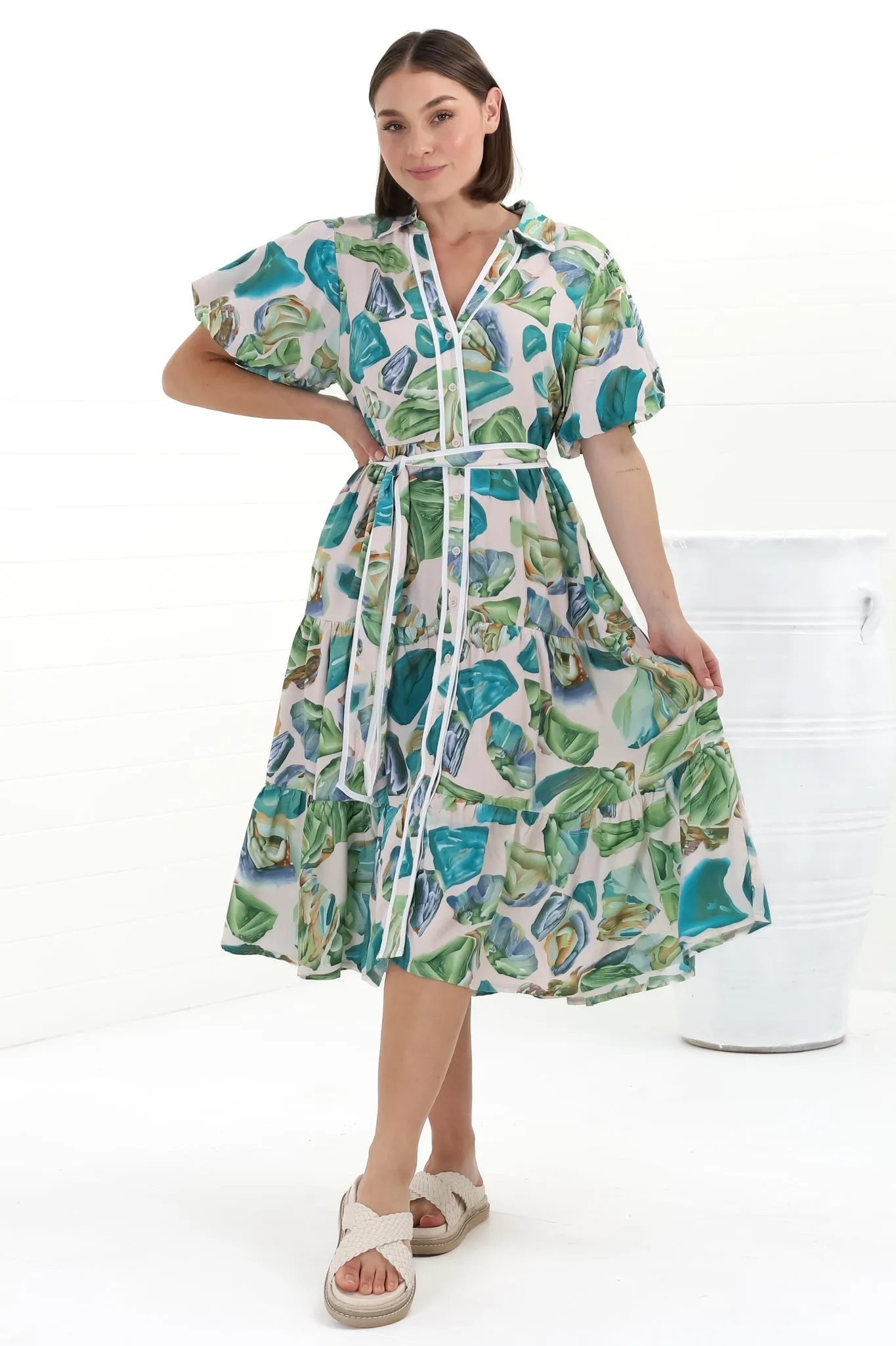 Olisa Midi Dress - Button-Down Contrast Piping Smock Dress with Matching Belt in Adelita Print Green sold by Salty Crush