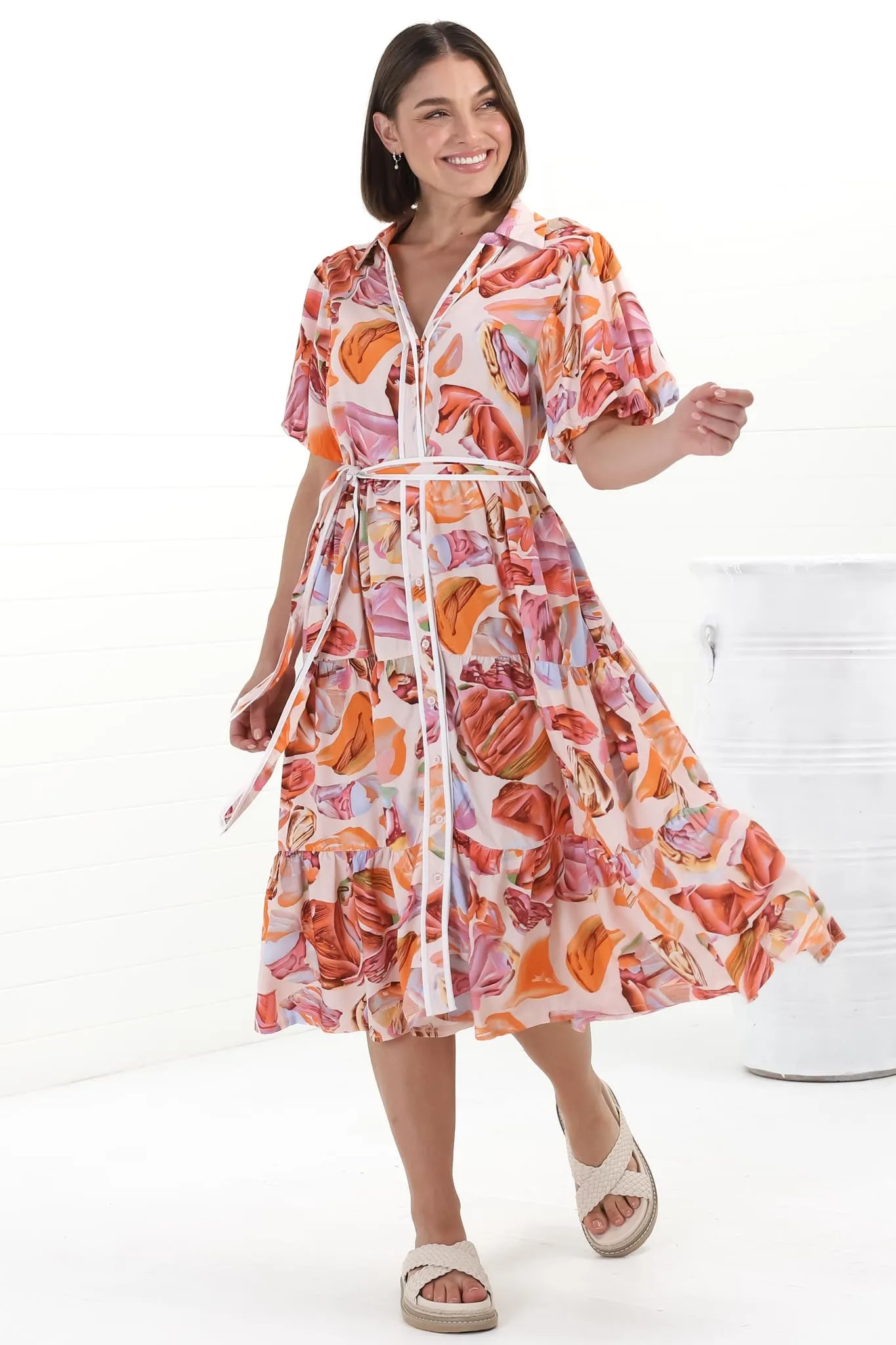 Olisa Midi Dress - Button-Down Contrast Piping Smock Dress with Matching Belt in Adelita Print Orange sold by Salty Crush product image thumbnail 2