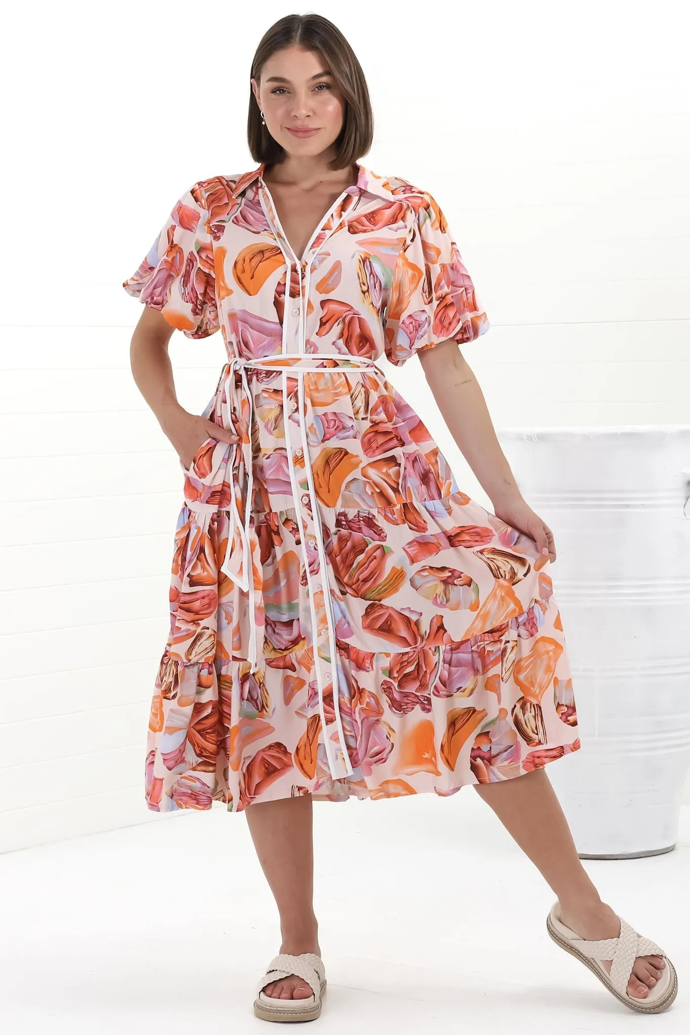 Olisa Midi Dress - Button-Down Contrast Piping Smock Dress with Matching Belt in Adelita Print Orange sold by Salty Crush product image thumbnail 4