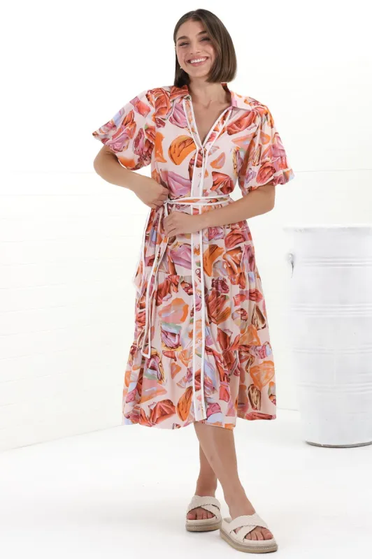 Olisa Midi Dress - Button-Down Contrast Piping Smock Dress with Matching Belt in Adelita Print Orange sold by Salty Crush