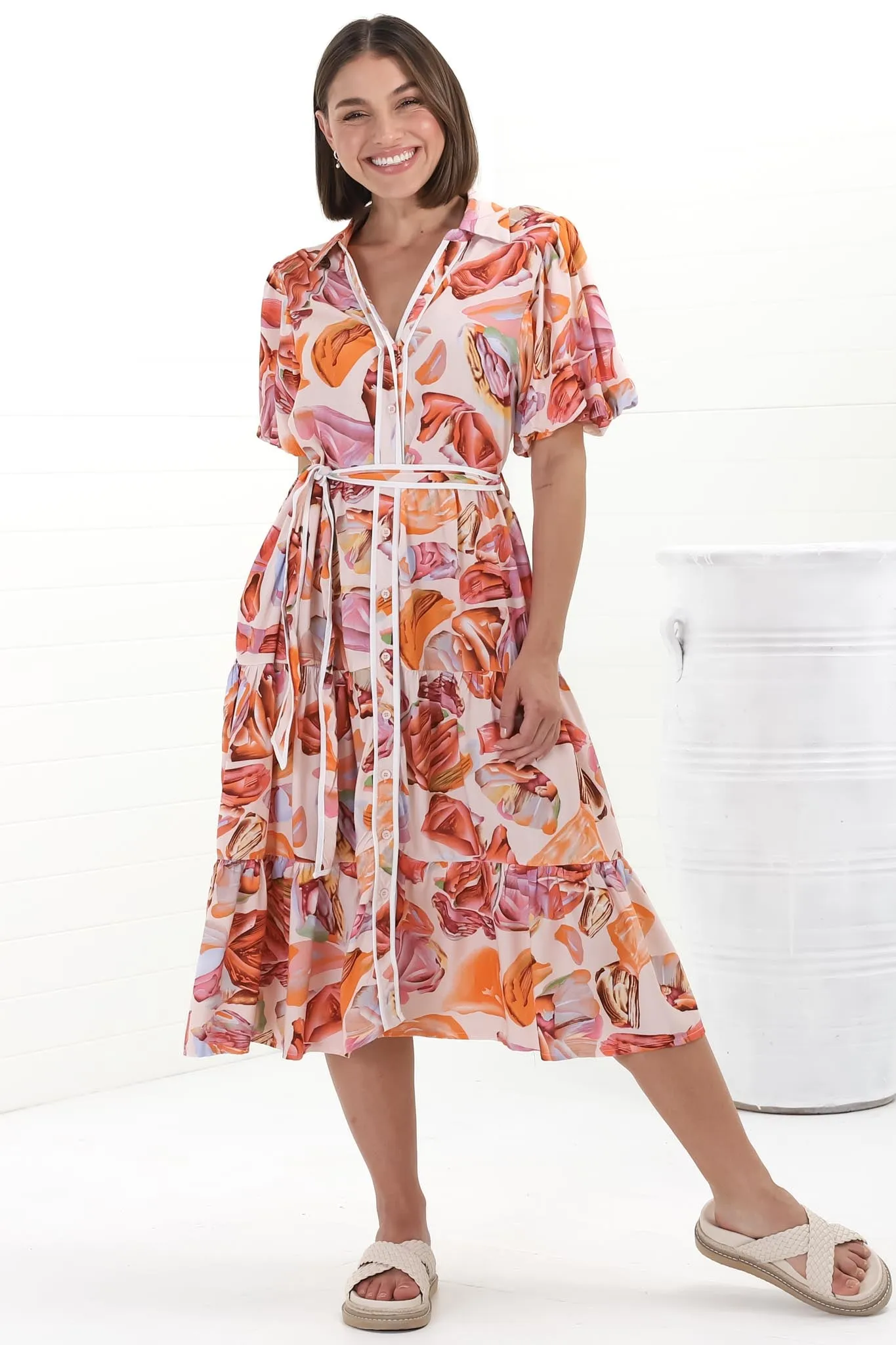 Olisa Midi Dress - Button-Down Contrast Piping Smock Dress with Matching Belt in Adelita Print Orange sold by Salty Crush product image thumbnail 3