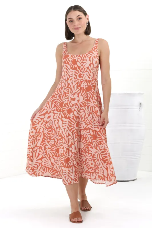 Truely Midi Dress - Scoop Neck Sun Dress with Adjustable Straps in Athena Print Coral sold by Salty Crush