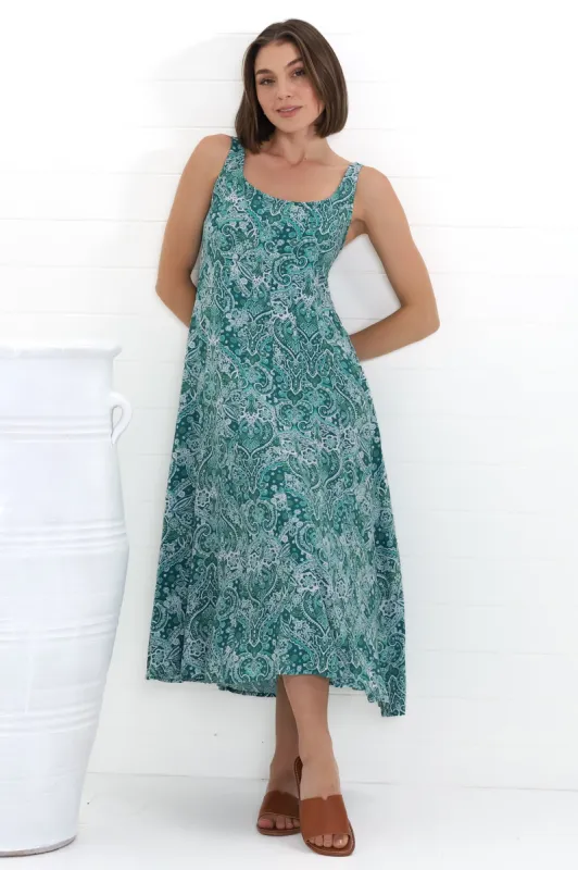 Truely Midi Dress - Scoop Neck Sun Dress with Adjustable Straps in Scala Print Green sold by Salty Crush