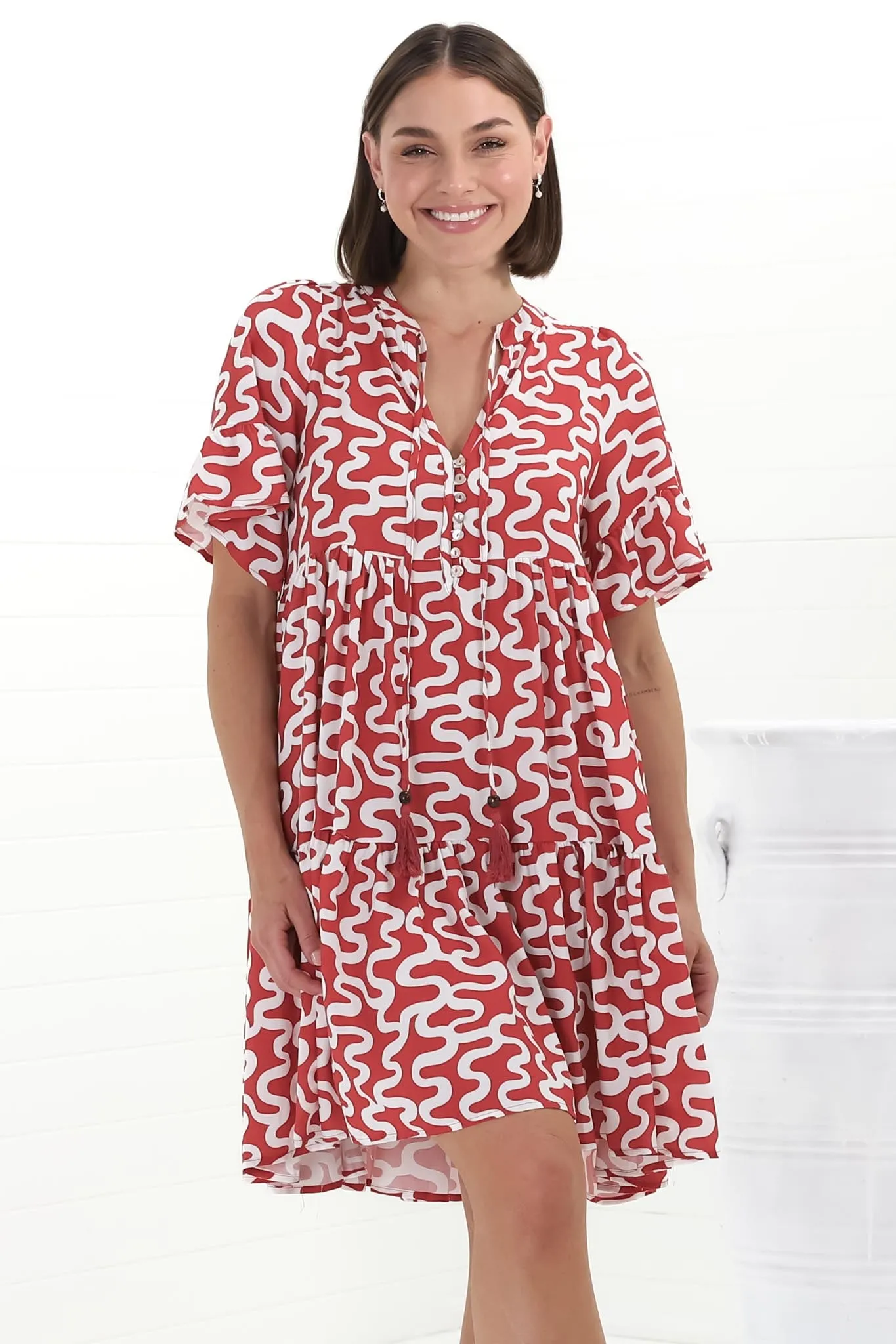 Abilia Mini Dress - Mandarin Collar Buttoned Bodice Smock Dress in Petra Print in Red sold by Salty Crush product image thumbnail 3