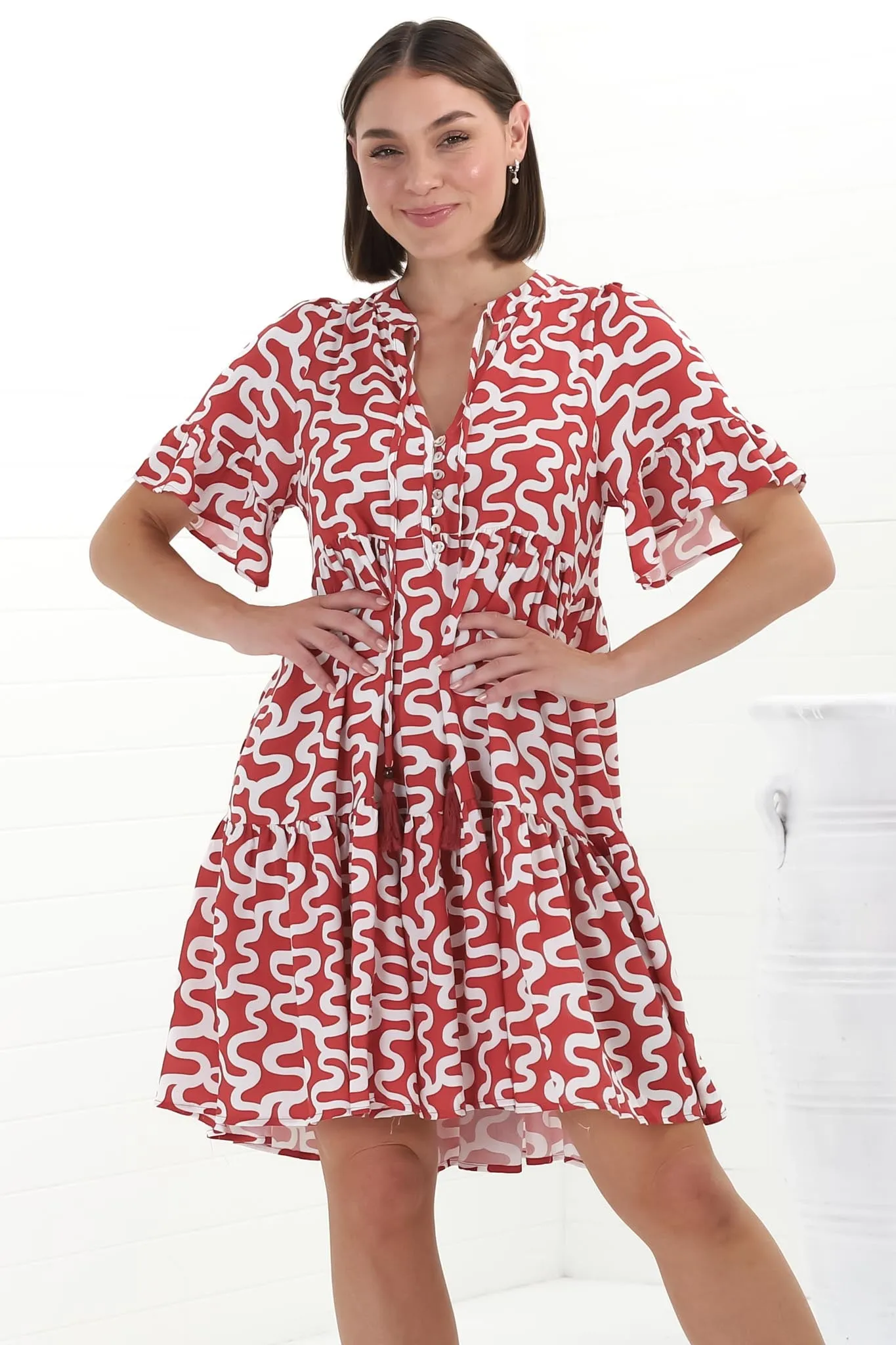 Abilia Mini Dress - Mandarin Collar Buttoned Bodice Smock Dress in Petra Print in Red sold by Salty Crush product image thumbnail 5