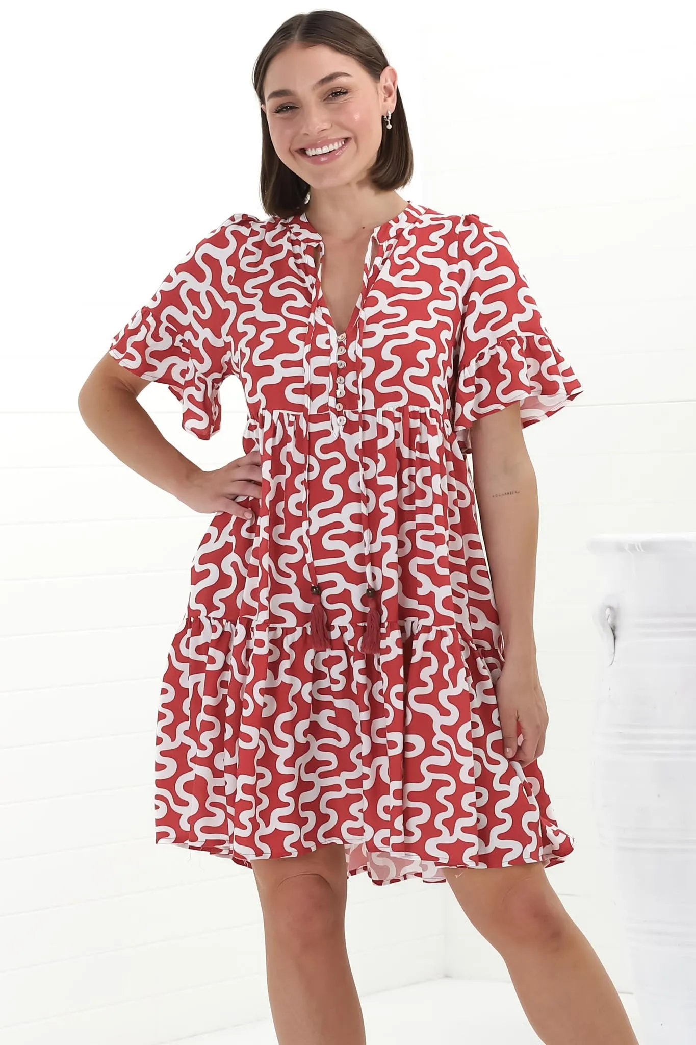Abilia Mini Dress - Mandarin Collar Buttoned Bodice Smock Dress in Petra Print in Red sold by Salty Crush