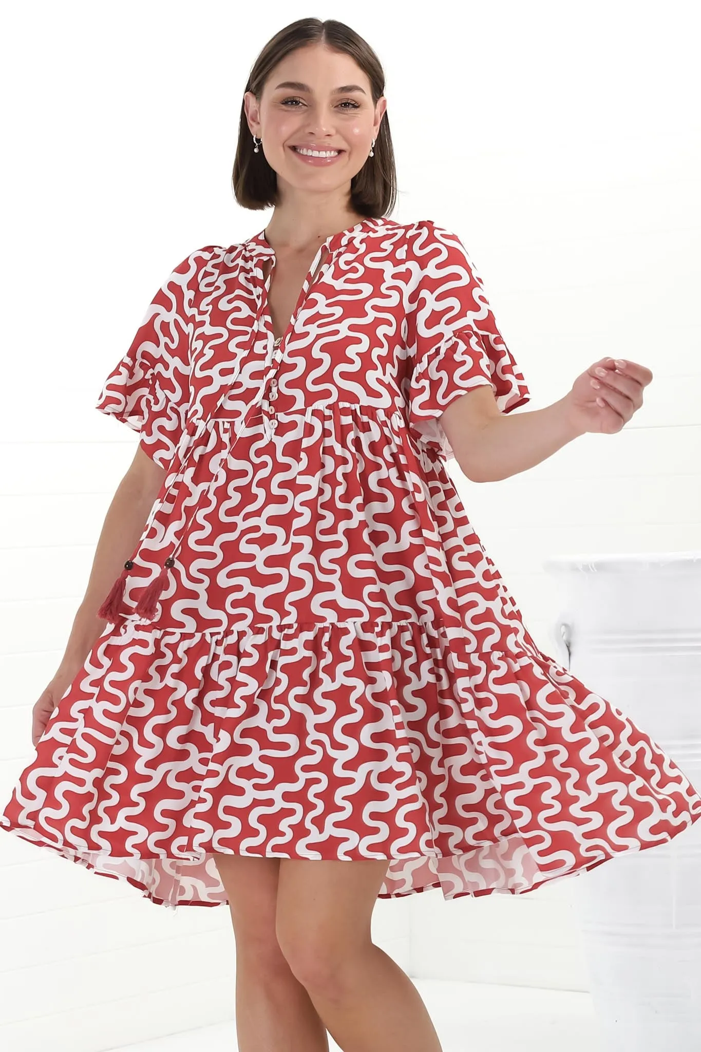 Abilia Mini Dress - Mandarin Collar Buttoned Bodice Smock Dress in Petra Print in Red sold by Salty Crush product image thumbnail 2