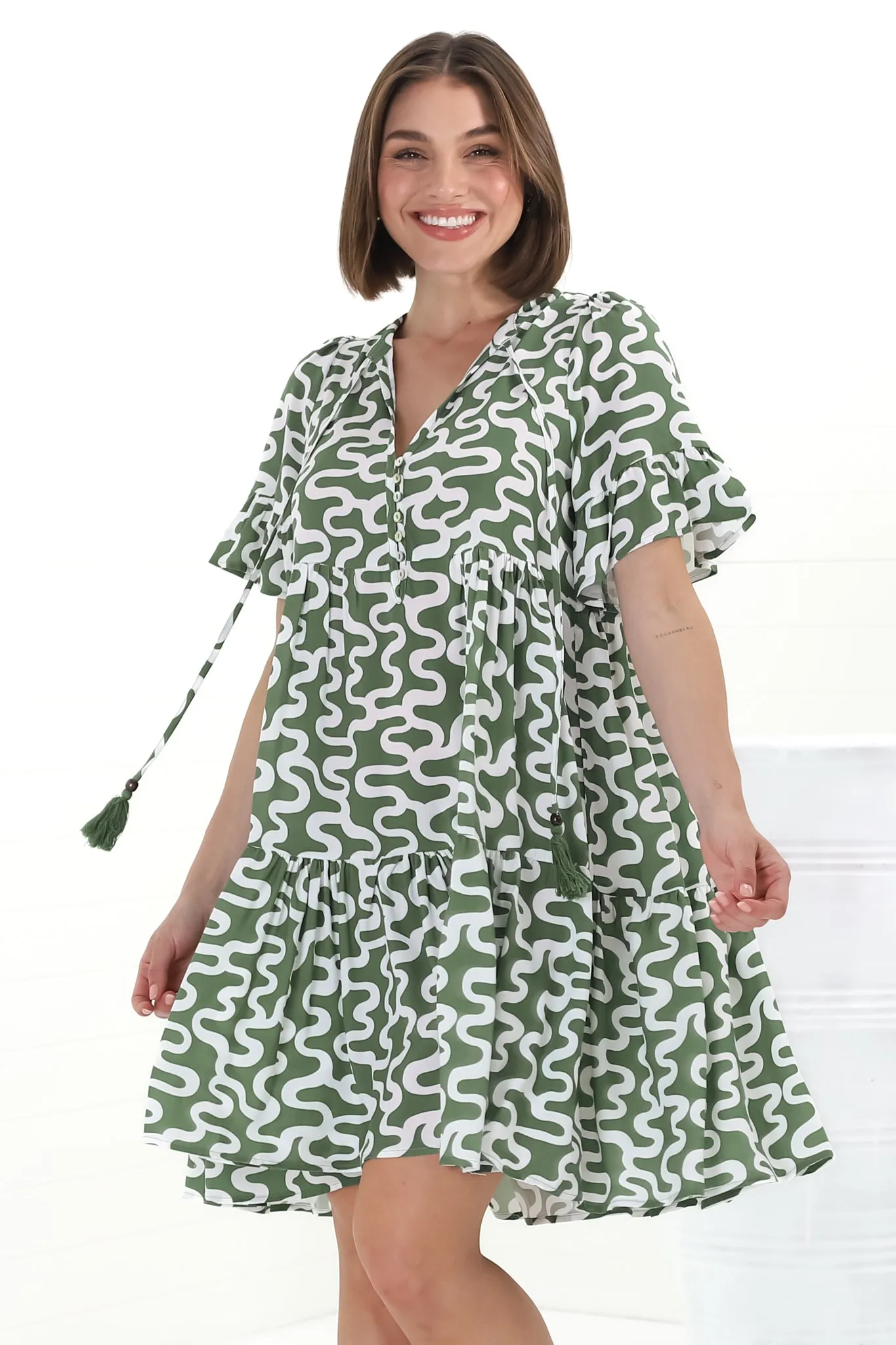 Abilia Mini Dress - Mandarin Collar Buttoned Bodice Smock Dress in Petra Print in Green sold by Salty Crush product image thumbnail 5
