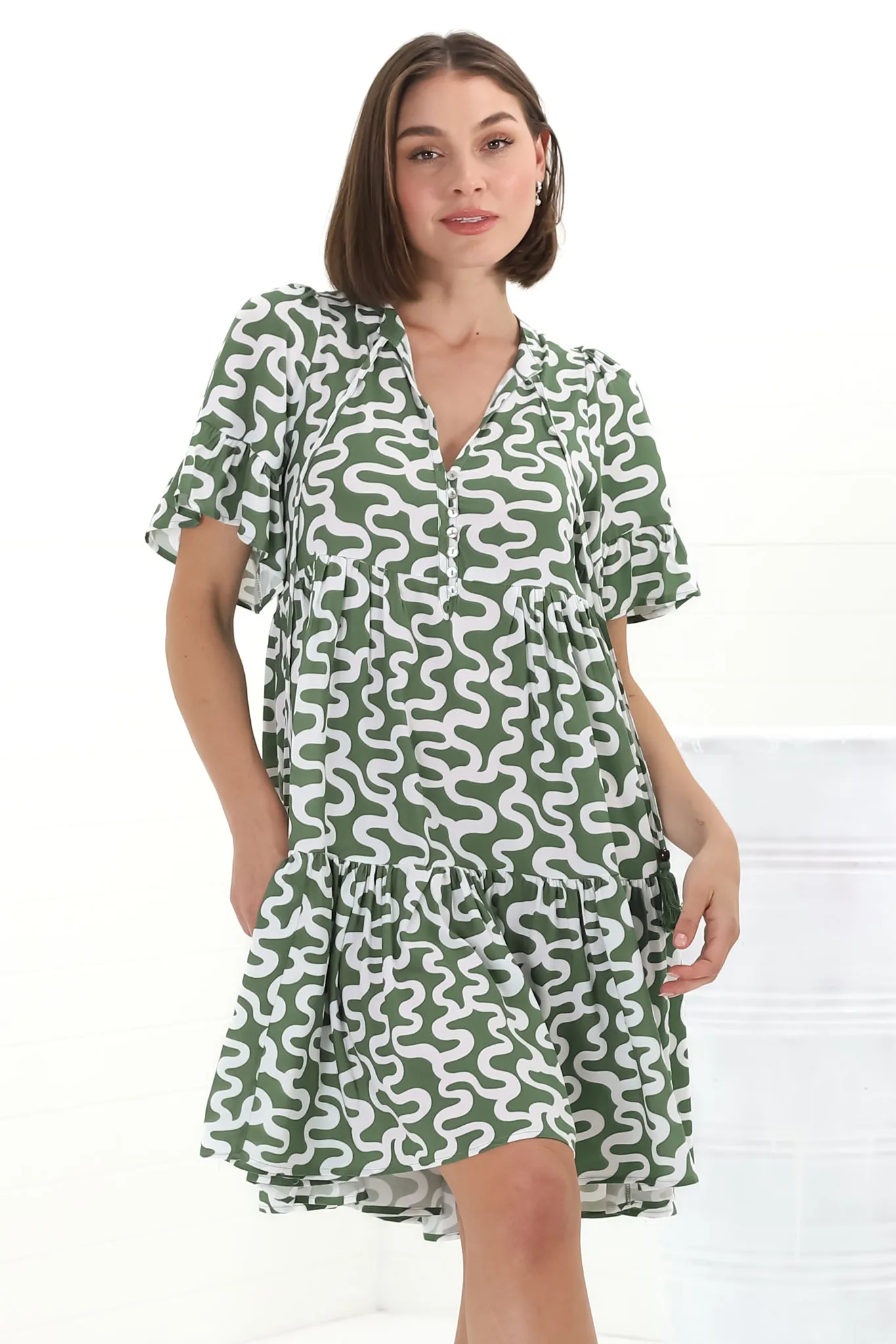 Abilia Mini Dress - Mandarin Collar Buttoned Bodice Smock Dress in Petra Print in Green sold by Salty Crush product image thumbnail 2