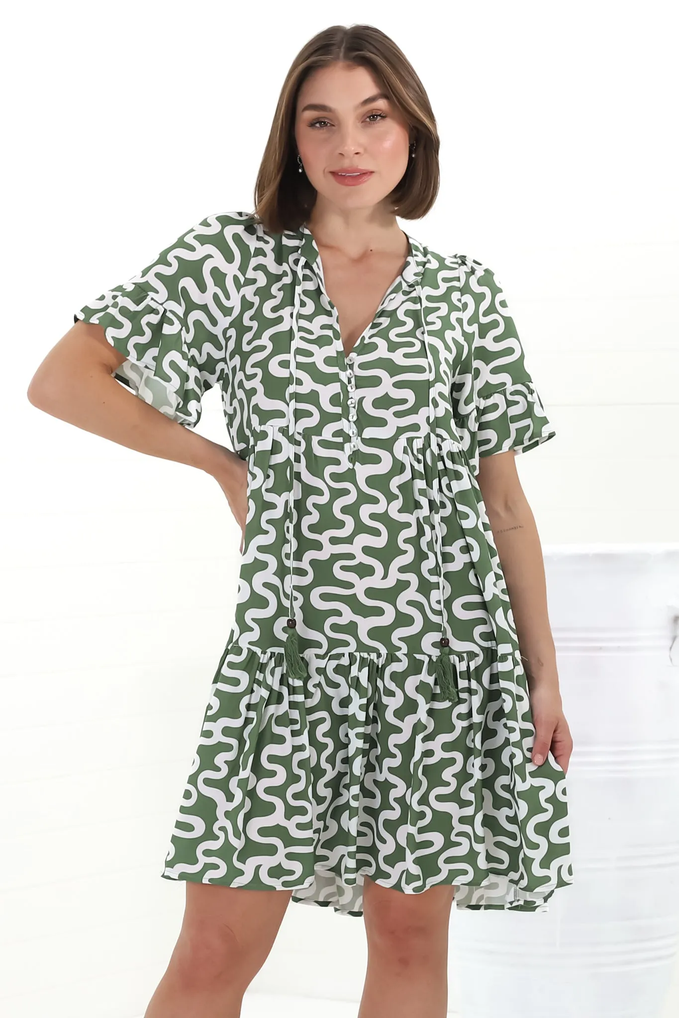 Abilia Mini Dress - Mandarin Collar Buttoned Bodice Smock Dress in Petra Print in Green sold by Salty Crush product image thumbnail 4
