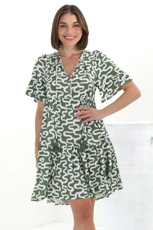 Abilia Mini Dress - Mandarin Collar Buttoned Bodice Smock Dress in Petra Print in Green sold by Salty Crush