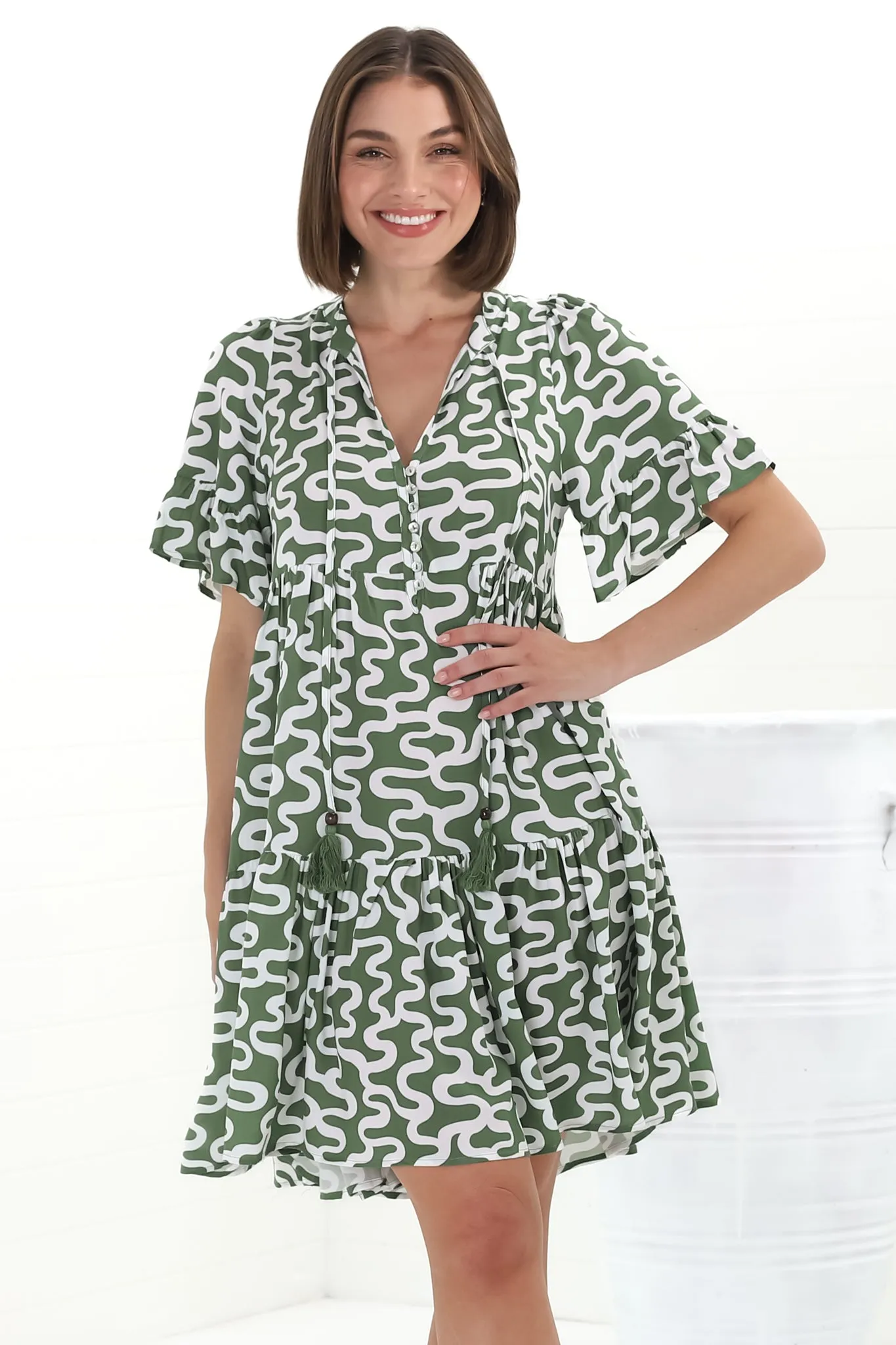 Abilia Mini Dress - Mandarin Collar Buttoned Bodice Smock Dress in Petra Print in Green sold by Salty Crush
