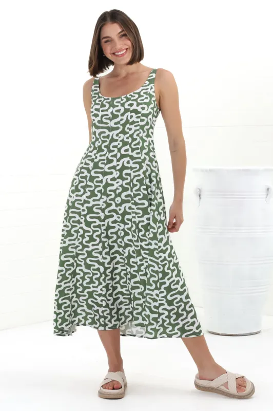 Truely Midi Dress - Scoop Neck Sun Dress with Adjustable Straps in Petra Print Green sold by Salty Crush