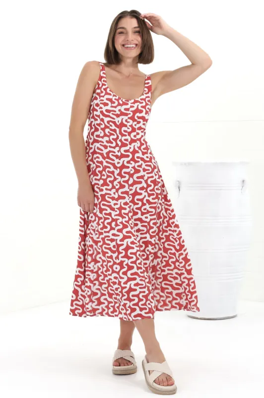 Truely Midi Dress - Scoop Neck Sun Dress with Adjustable Straps in Petra Print Red sold by Salty Crush