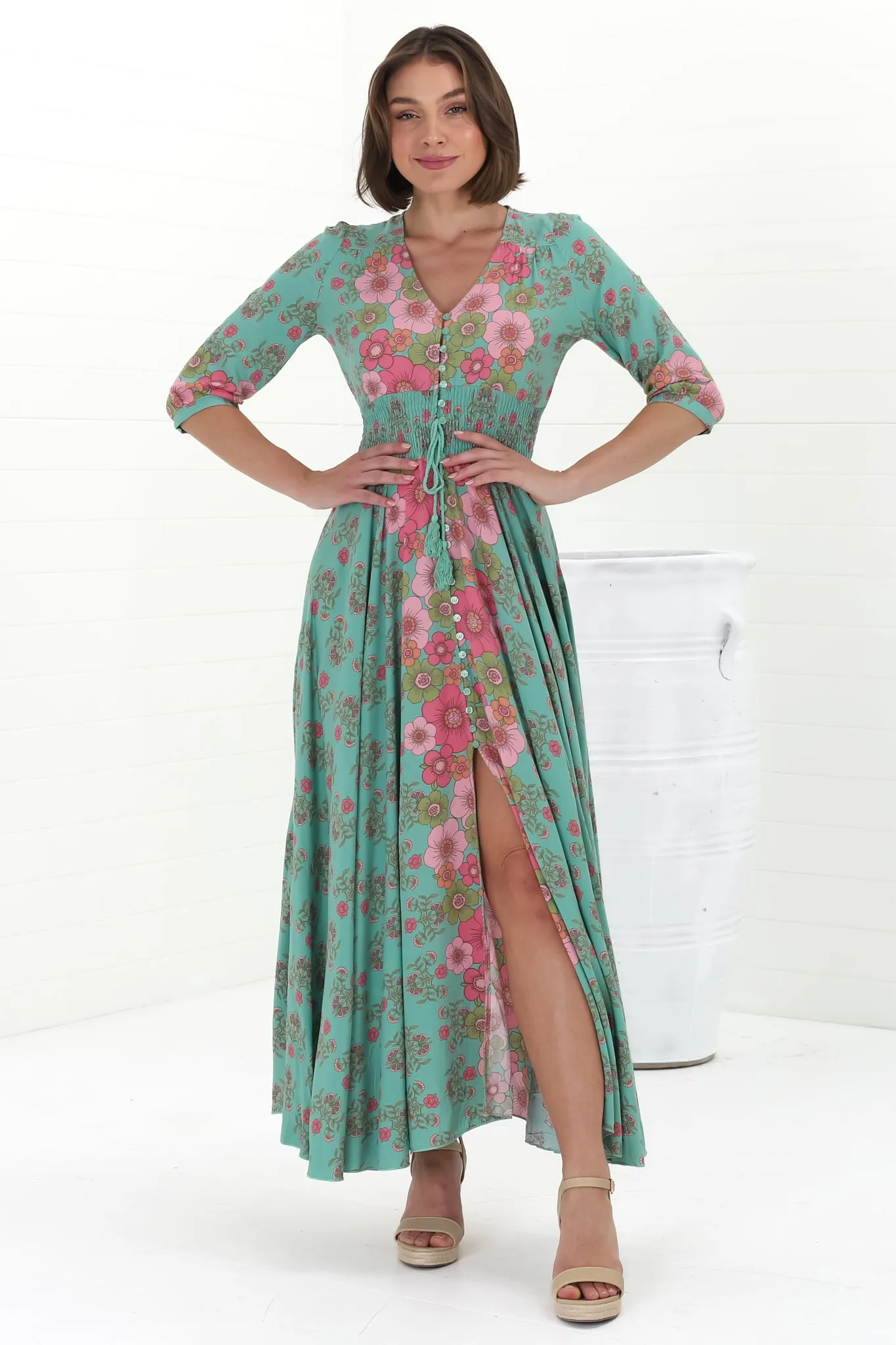 JAASE - Indiana Maxi Dress: Lace Back Shirred Waist A Line Dress with Handkerchief Hemline in Meadowland Print sold by Salty Crush product image thumbnail 5