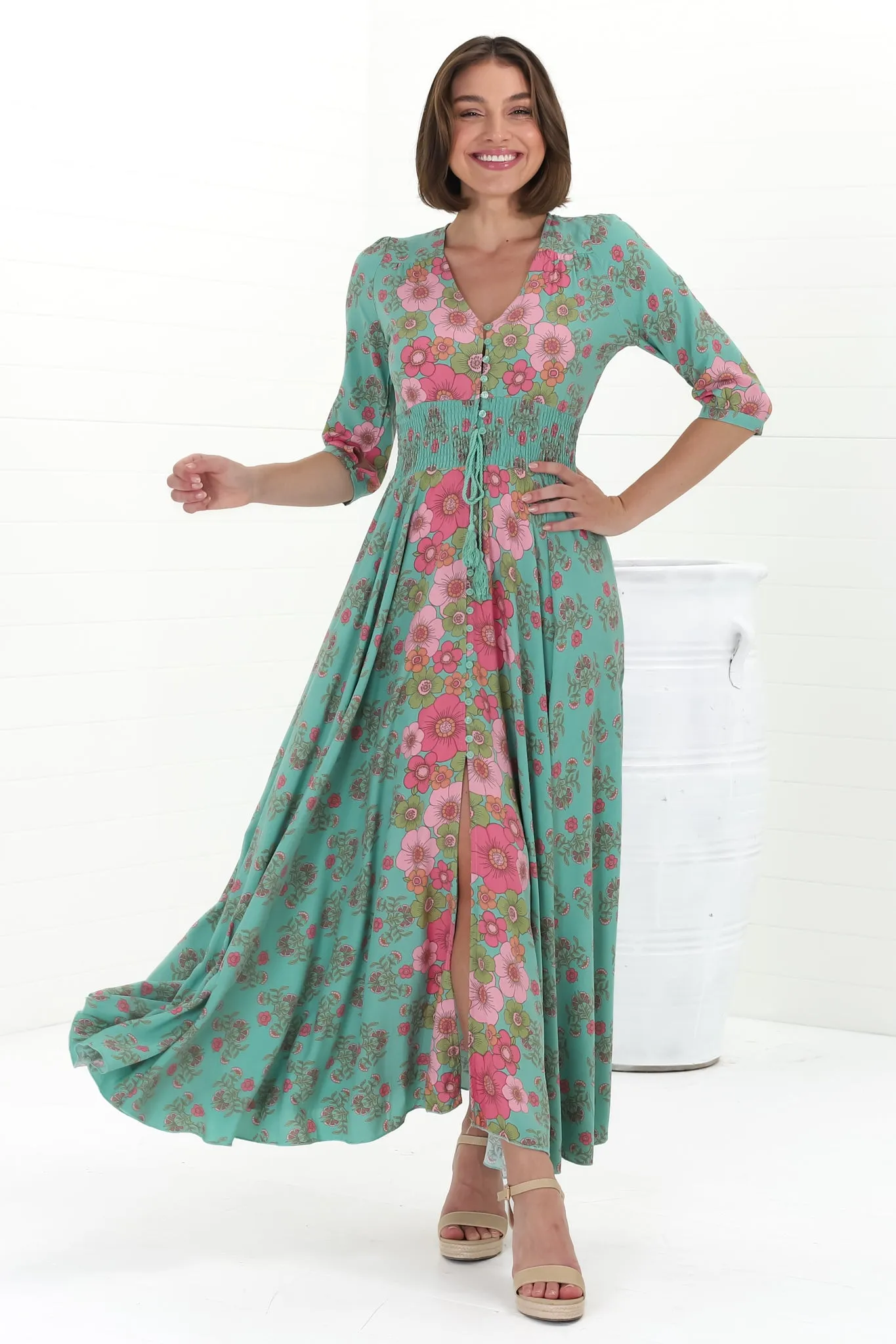 JAASE - Indiana Maxi Dress: Lace Back Shirred Waist A Line Dress with Handkerchief Hemline in Meadowland Print sold by Salty Crush product image thumbnail 2