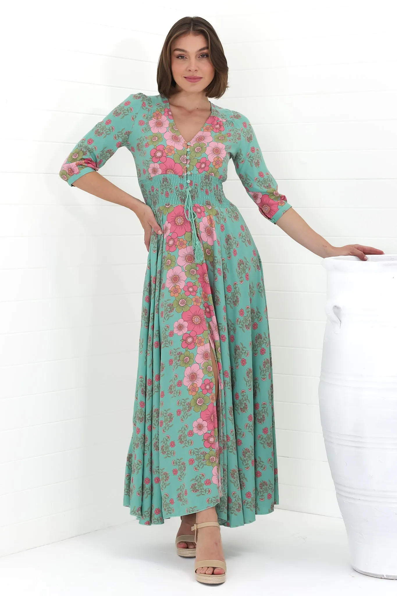 JAASE - Indiana Maxi Dress: Lace Back Shirred Waist A Line Dress with Handkerchief Hemline in Meadowland Print sold by Salty Crush