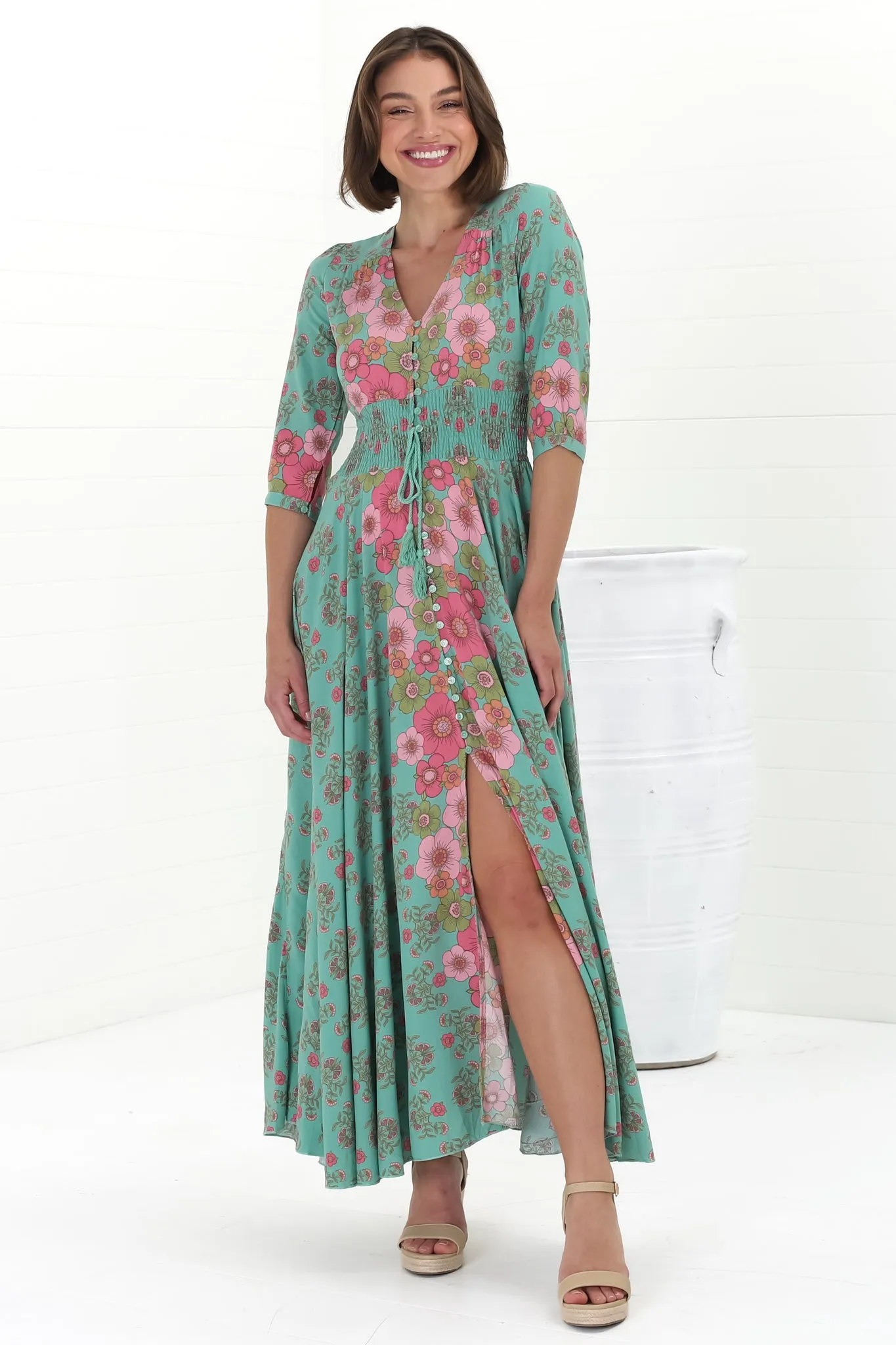 JAASE - Indiana Maxi Dress: Lace Back Shirred Waist A Line Dress with Handkerchief Hemline in Meadowland Print sold by Salty Crush product image thumbnail 3