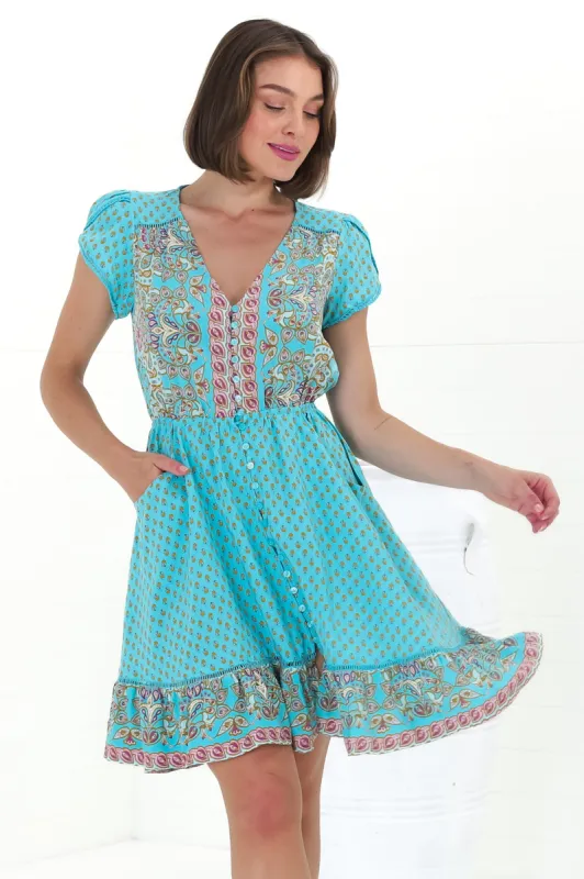 Lizzie Mini Dress - Butterfly Cap Sleeve Button Down Dress with Pockets in Atlantis Print sold by Salty Crush