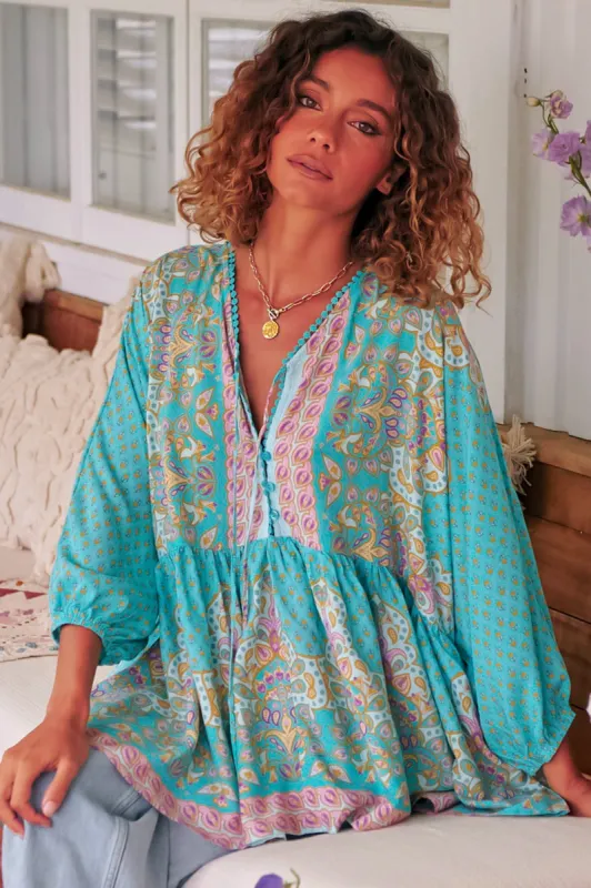 Chloe Top - Very Oversized Crochet Trim Neckline Smock Top in Atlantis Print made by Jaase