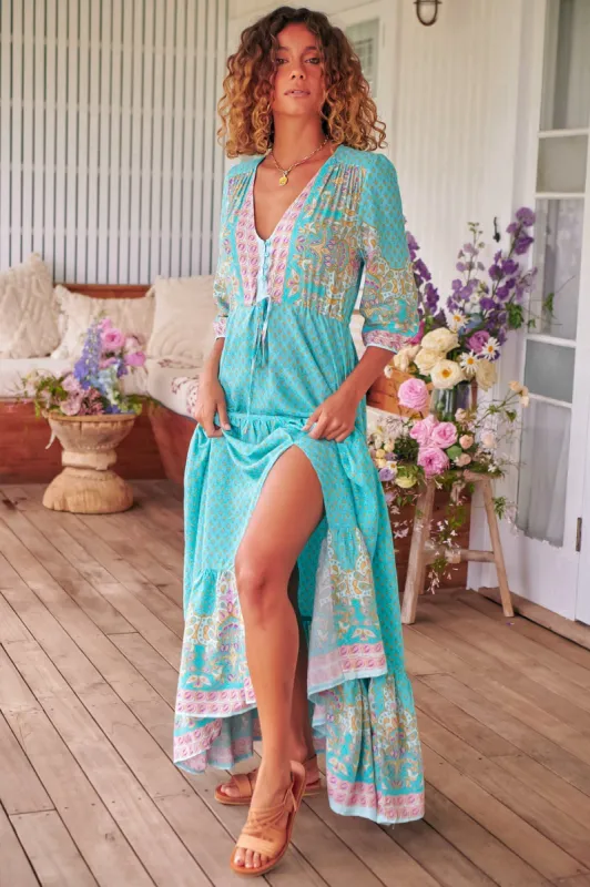 Tessa Maxi Dress - A Line Pull Tie Waist Dress in Atlantis Print sold by Salty Crush