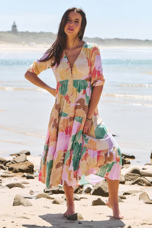 JAASE - Eve Midi Dress: V Neck Tiered Dress with Option Waist Tie in Tallulah Print sold by Salty Crush