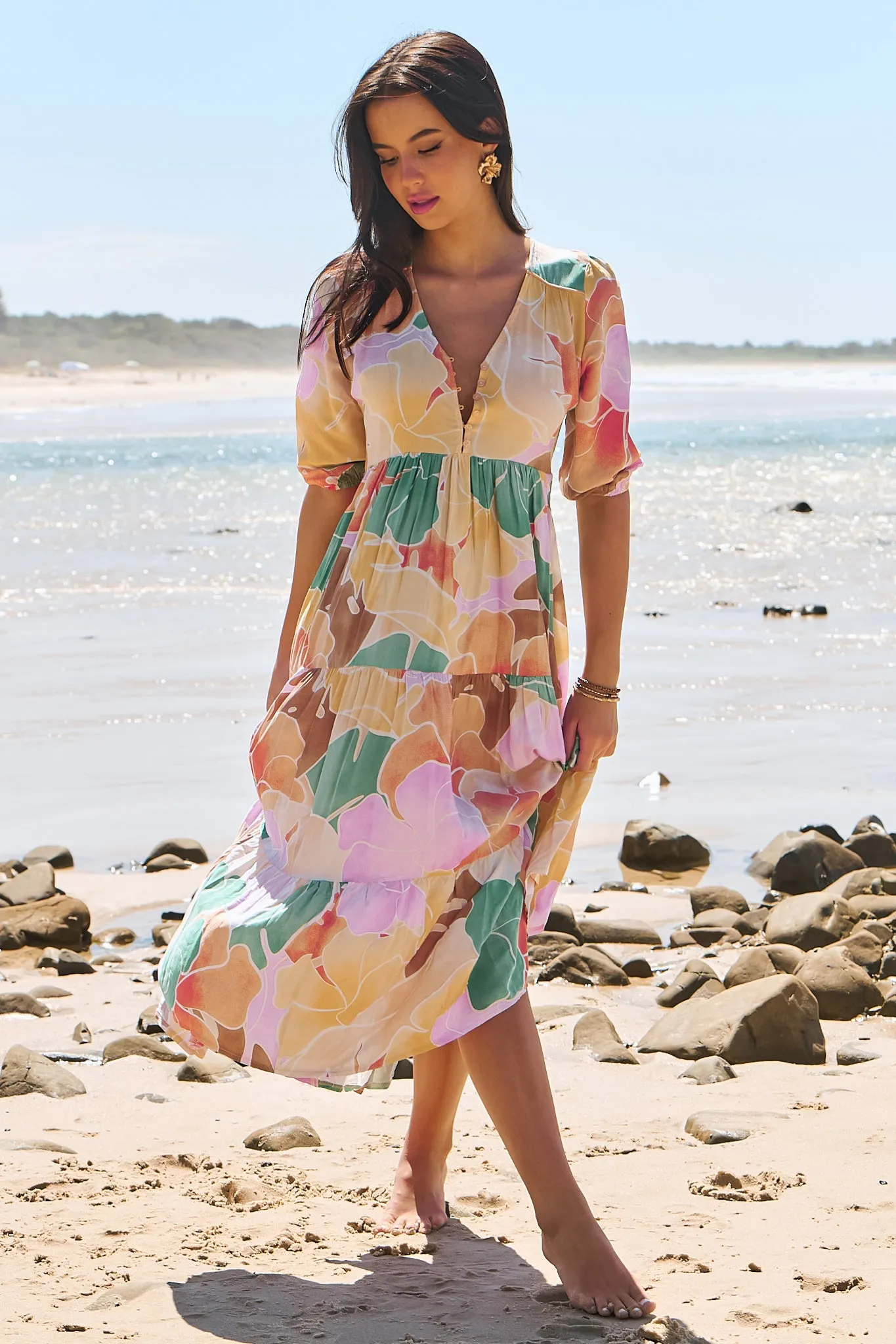 JAASE - Eve Midi Dress: V Neck Tiered Dress with Option Waist Tie in Tallulah Print sold by Salty Crush product image thumbnail 4