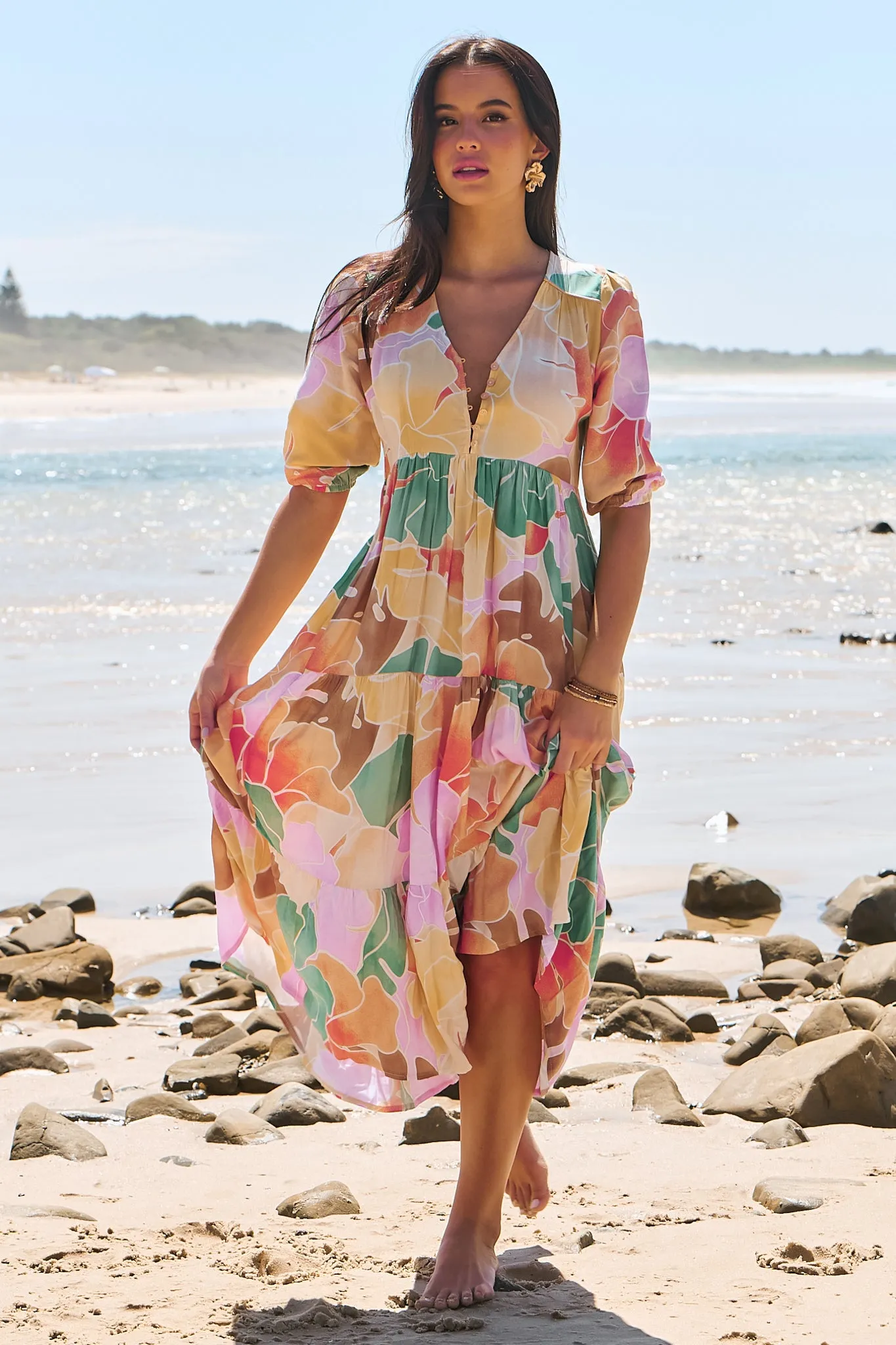 JAASE - Eve Midi Dress: V Neck Tiered Dress with Option Waist Tie in Tallulah Print sold by Salty Crush product image thumbnail 3