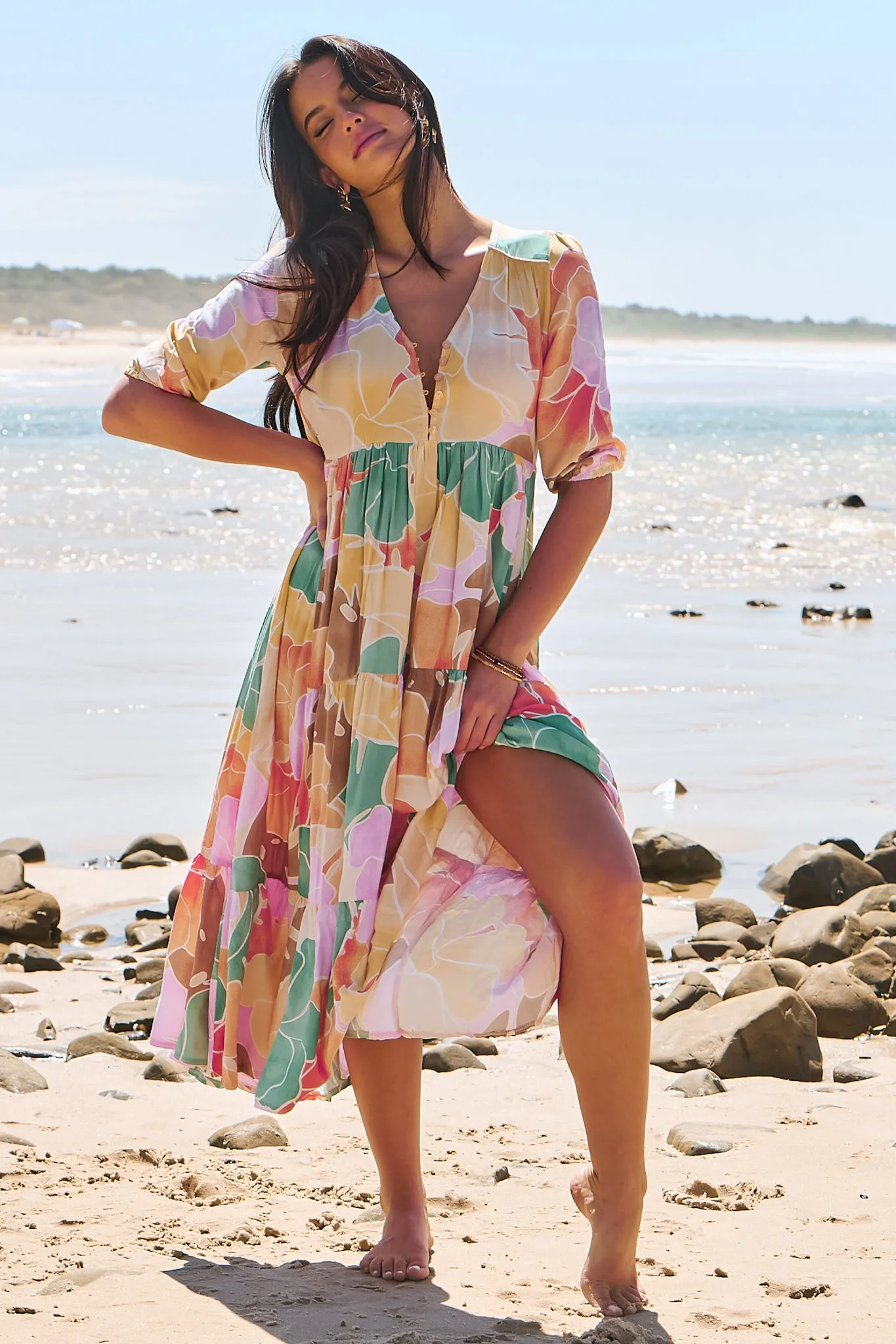 JAASE - Eve Midi Dress: V Neck Tiered Dress with Option Waist Tie in Tallulah Print sold by Salty Crush product image thumbnail 2