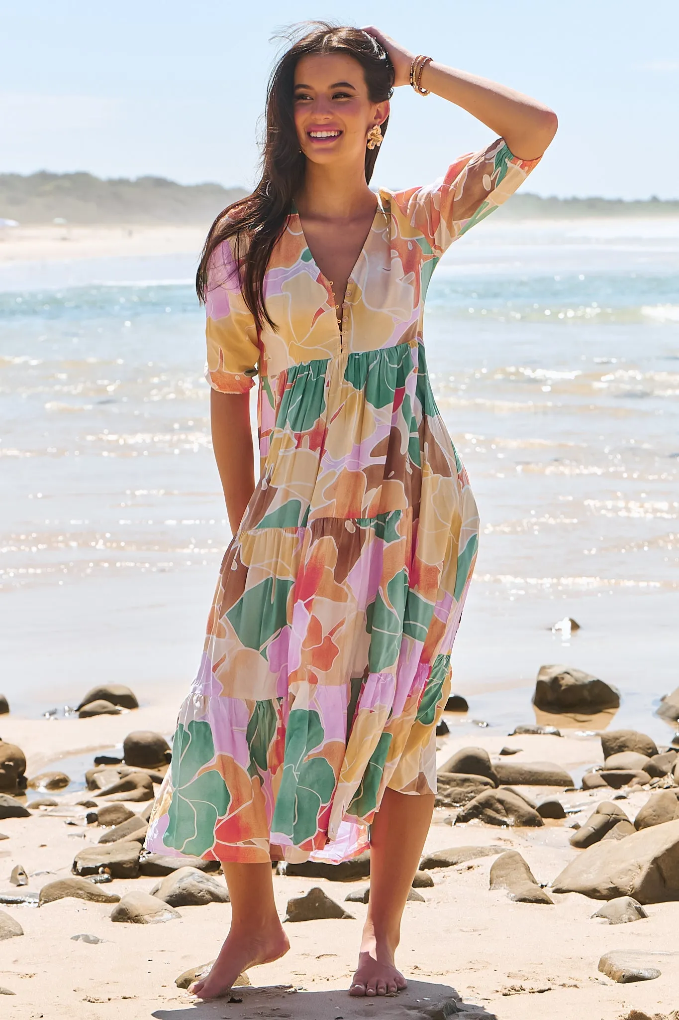 JAASE - Eve Midi Dress: V Neck Tiered Dress with Option Waist Tie in Tallulah Print sold by Salty Crush product image thumbnail 5