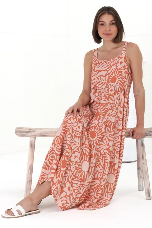 Amabel Maxi Dress - Thick Adjustable Strap Sun Dress in Athena Print Coral sold by Salty Crush