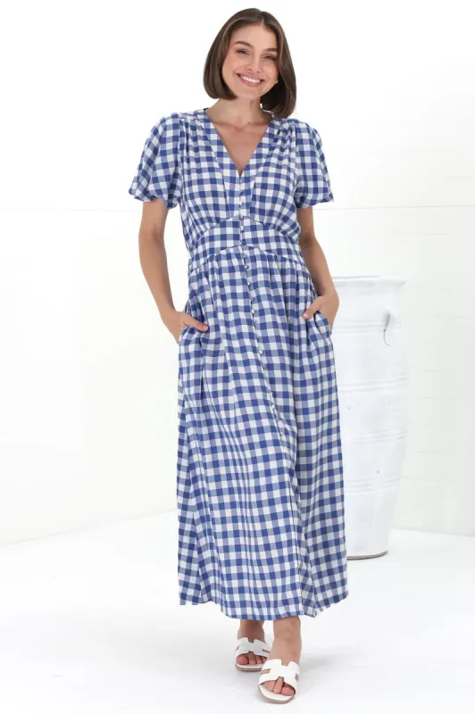 Hani Maxi Dress - Button Down A-Line Dress with Cap Flutter Sleeves in Wila Print Blue sold by Salty Crush