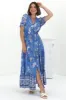 Selva Maxi Dress - Pull Tie Waist with Balloon Sleeves in Adrie Print Blue sold by Salty Crush